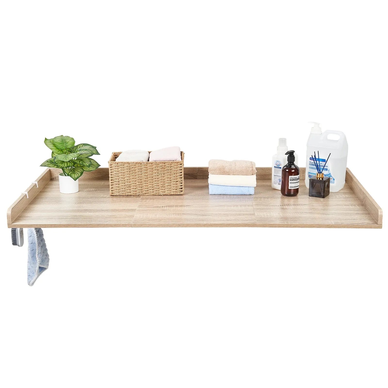 Washer Dryer Countertop 54" x 27.5", Wooden Laundry Topper with Raised Edge & Hooks, Water-Resistant Oak Storage Shelf