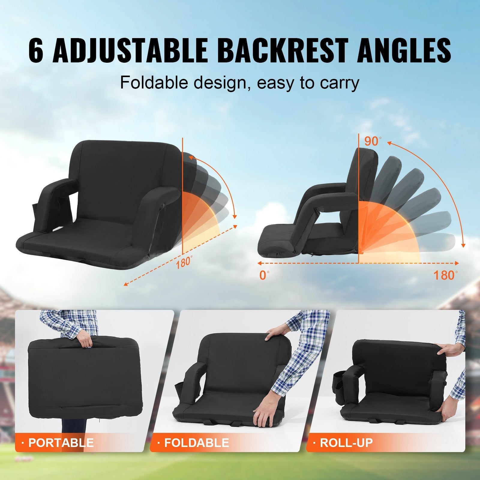 VEVOR Stadium Seat with Back Support, Wide Bleacher Seat Back, Folding Padded Cushion Stadium Chair, Portable Reclining Chair with Hook Pocket Cupholder, Ideal for Sport Event Beach Camping Concert 