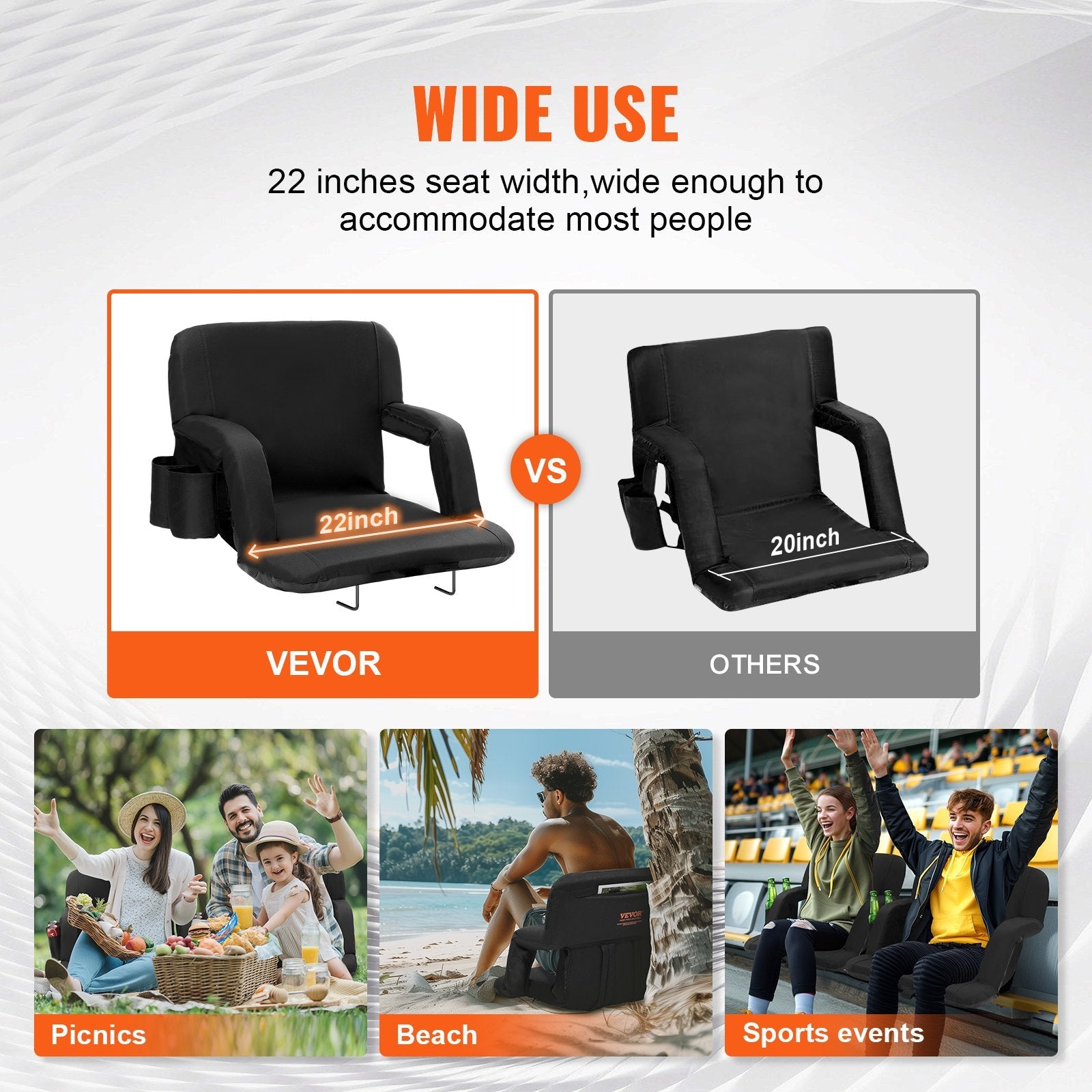 VEVOR Stadium Seat with Back Support, Wide Bleacher Seat Back, Folding Padded Cushion Stadium Chair, Portable Reclining Chair with Hook Pocket Cupholder, Ideal for Sport Event Beach Camping Concert 