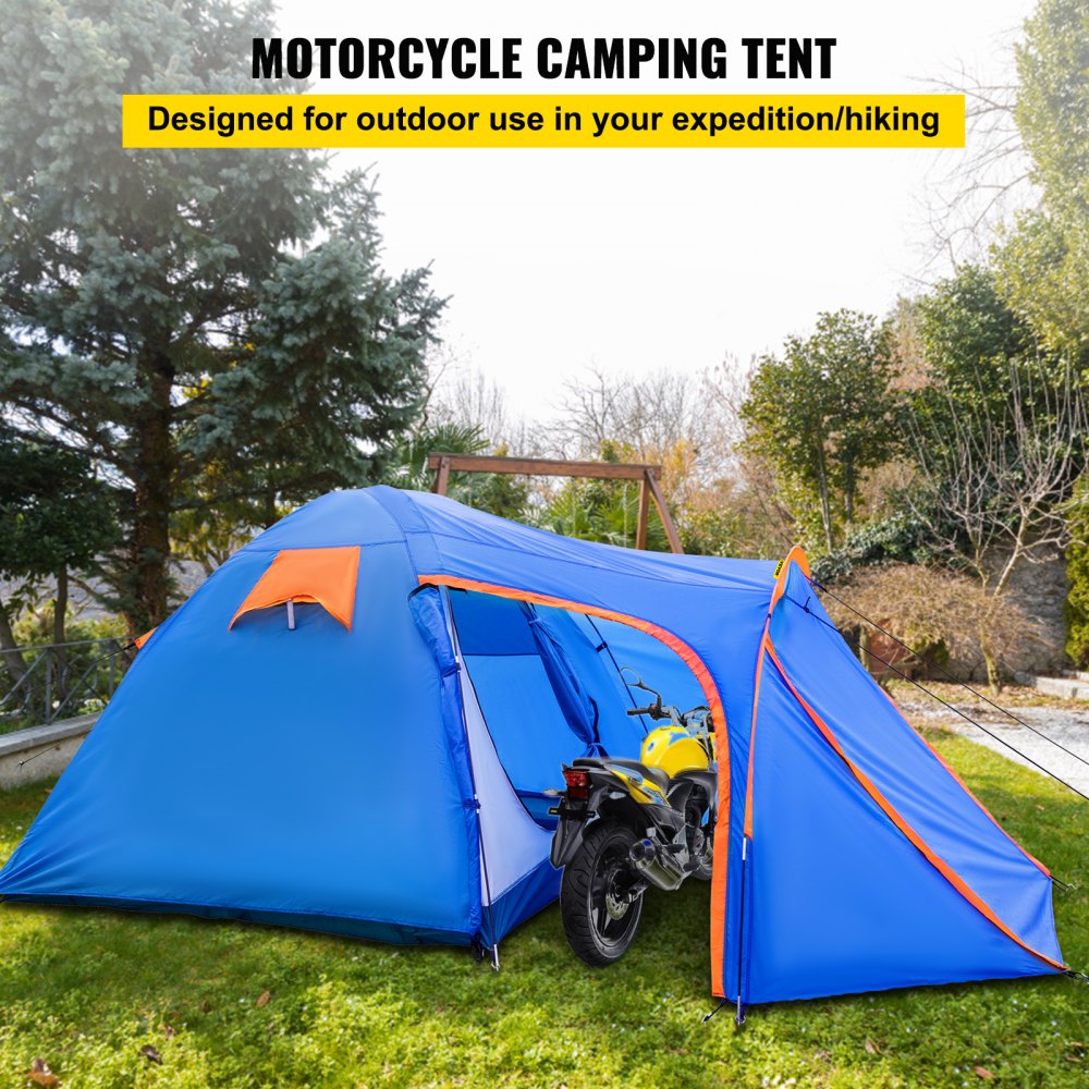 VEVOR Motorcycle Camping Tent, 2-3 Person Motorcycle Tent for Camping, Waterproof Motorcycle Tent w/Integrated Motorcycle Port, Easy Setup Motorbike Camping Tent for Outdoor Hiking and Backpacking 