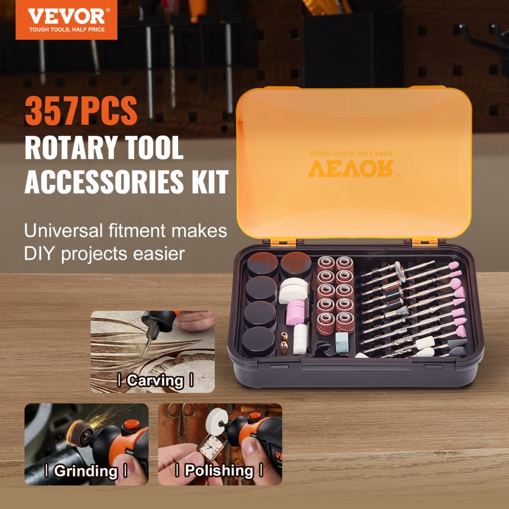 VEVOR Rotary Tool Accessories Kit 357PCS, 1/8" Diameter Shank Power Rotary Tool Accessories Set, Universal Fitment Electric Tool Accessories for Carving, Sanding, Cutting, Drilling, Cleaning, Grinding 