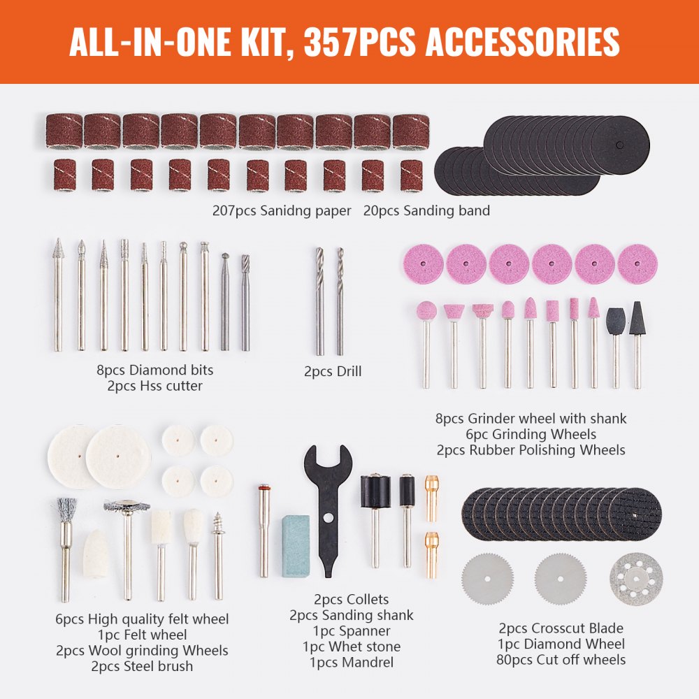 VEVOR Rotary Tool Accessories Kit 357PCS, 1/8" Diameter Shank Power Rotary Tool Accessories Set, Universal Fitment Electric Tool Accessories for Carving, Sanding, Cutting, Drilling, Cleaning, Grinding 