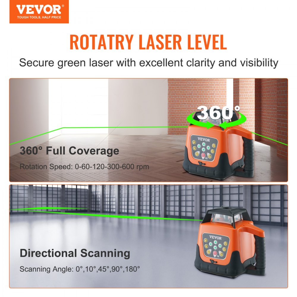 VEVOR Laser Level, 2000ft, 360 Degree Self Leveling Green Cross Line Laser, 5 Rotation Speeds & 4 Scanning Angles Adjustment, IP66 Waterproof Remote Control Manual Self-leveling Mode, Battery Included 