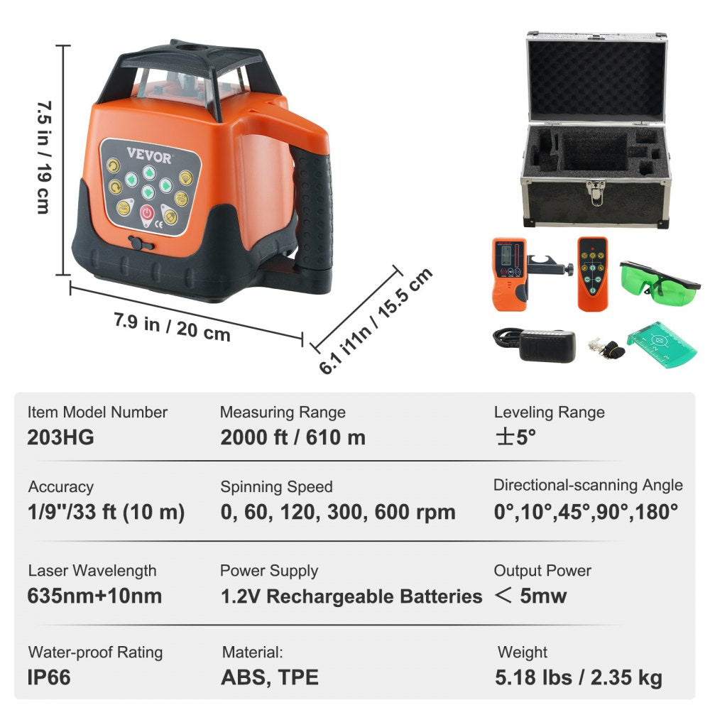 VEVOR Laser Level, 2000ft, 360 Degree Self Leveling Green Cross Line Laser, 5 Rotation Speeds & 4 Scanning Angles Adjustment, IP66 Waterproof Remote Control Manual Self-leveling Mode, Battery Included 