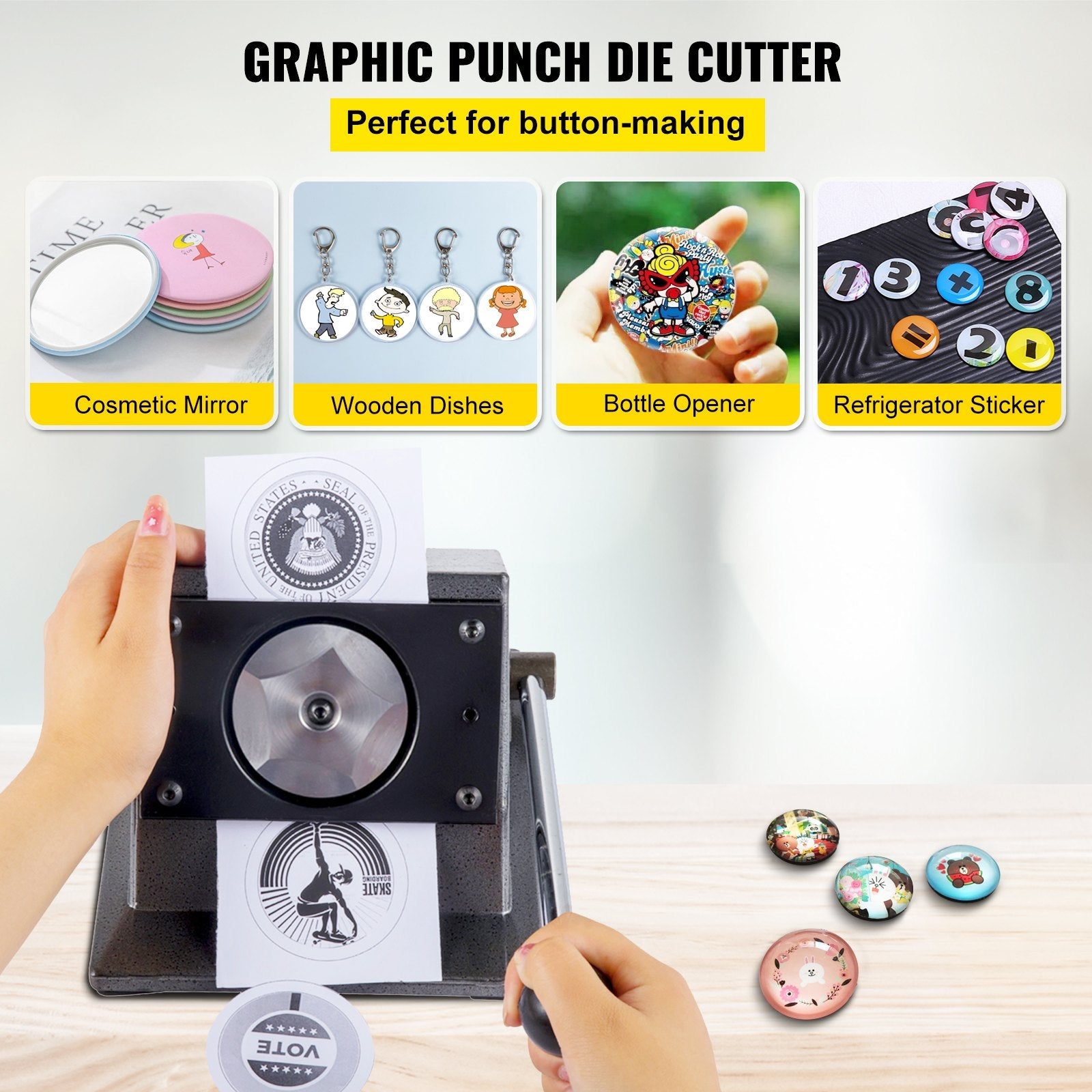 VEVOR Graphic Punch Die Cutter 1-1/4"/32mm Round Punch Die Cutter Cast Iron Manual Graphic Punch Press Button Badge Maker 0.05"/1.5mm Cut Thickness Graphic Die Cutter with Steel Blade for Badge Making 