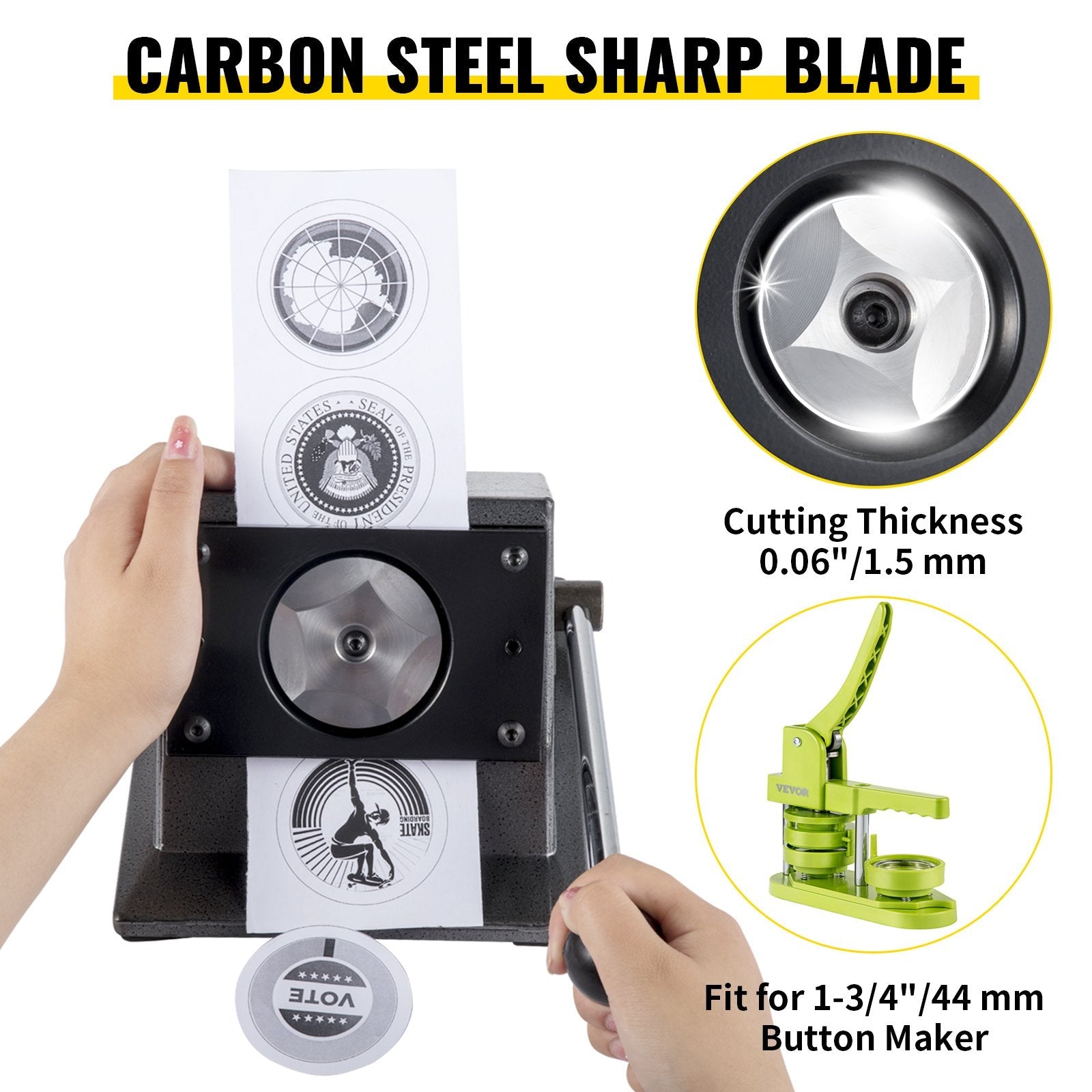VEVOR Graphic Punch Die Cutter 1-3/4"/44mm Round Punch Die Cutter Cast Iron Manual Graphic Punch Press Button Badge Maker 0.05"/1.5mm Cut Thickness Graphic Die Cutter with Steel Blade for Badge Making 