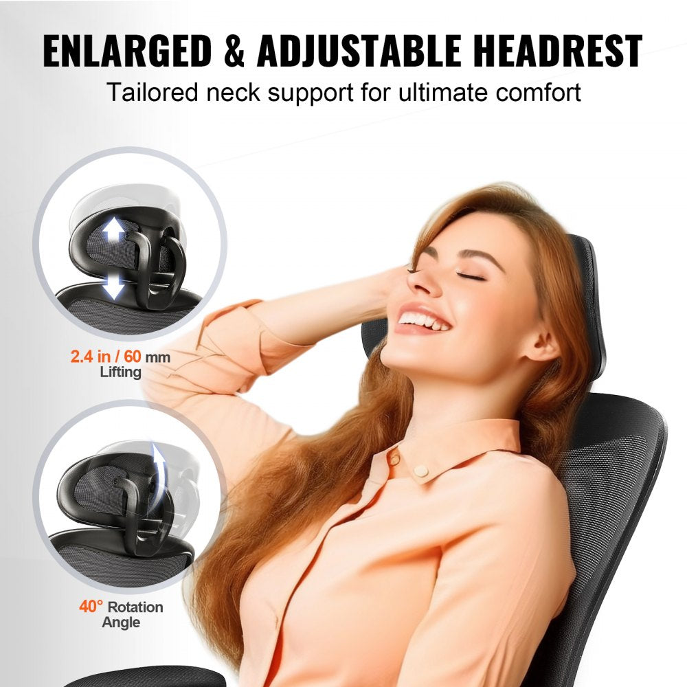 VEVOR Office Chair with Adjustable Lumbar Support, High Back Ergonomic Desk Chair with Adjustable Headrest, 2D Armrest, Ergonomic Office Chair Backrest, Computer Chair for Home Office 