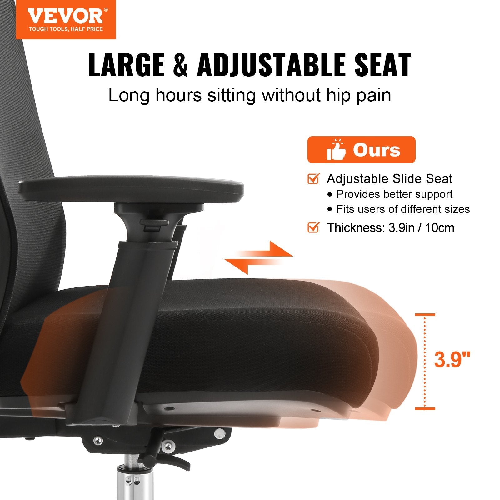 VEVOR Ergonomic Office Chair with Slide Seat, Desk Chair with Mesh Seat, Angle and Height Adjustable Home Office Chair with Back and Lumbar Support, Swivel Computer Task Chair 