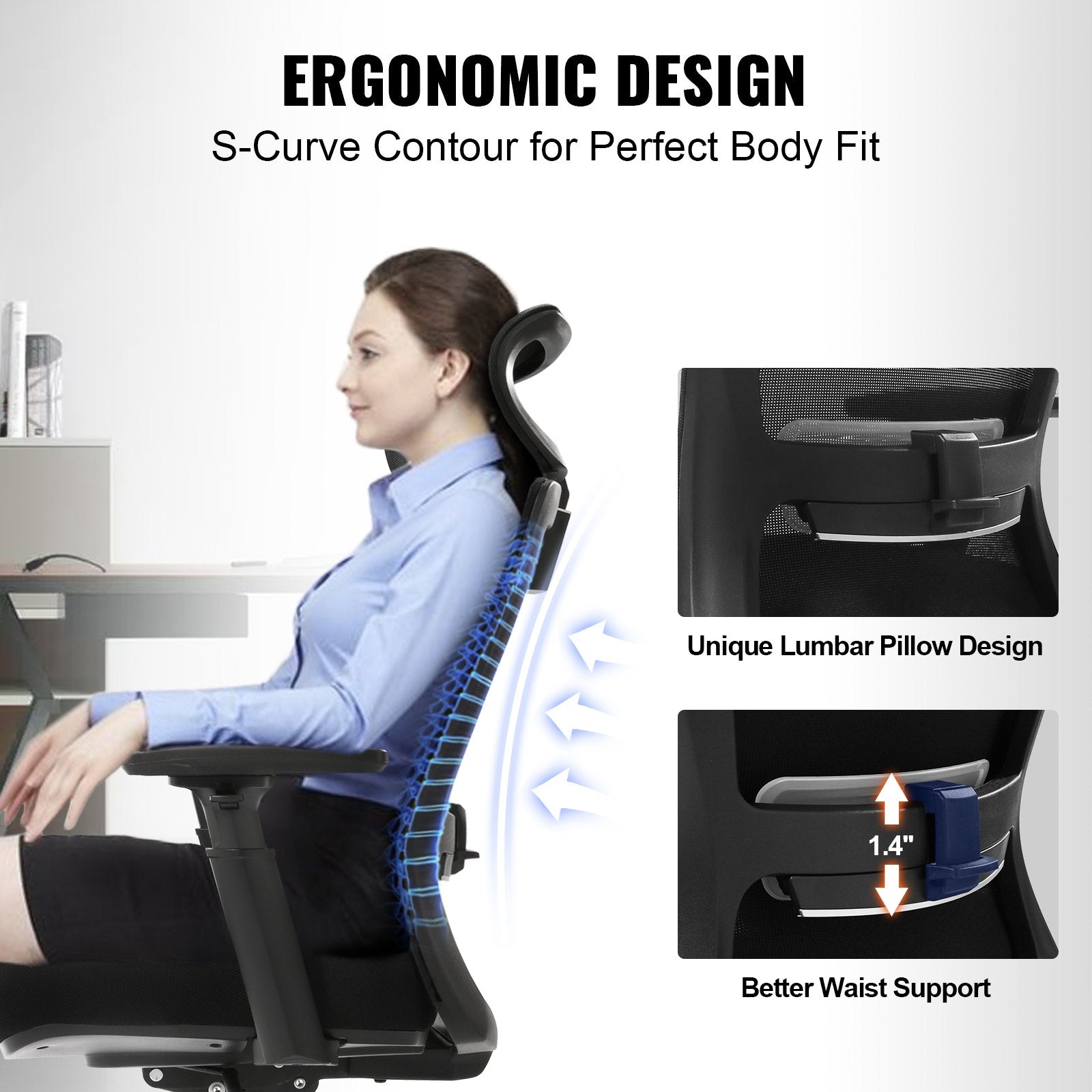 VEVOR Ergonomic Office Chair with Slide Seat, Desk Chair with Mesh Seat, Angle and Height Adjustable Home Office Chair with Back and Lumbar Support, Swivel Computer Task Chair 