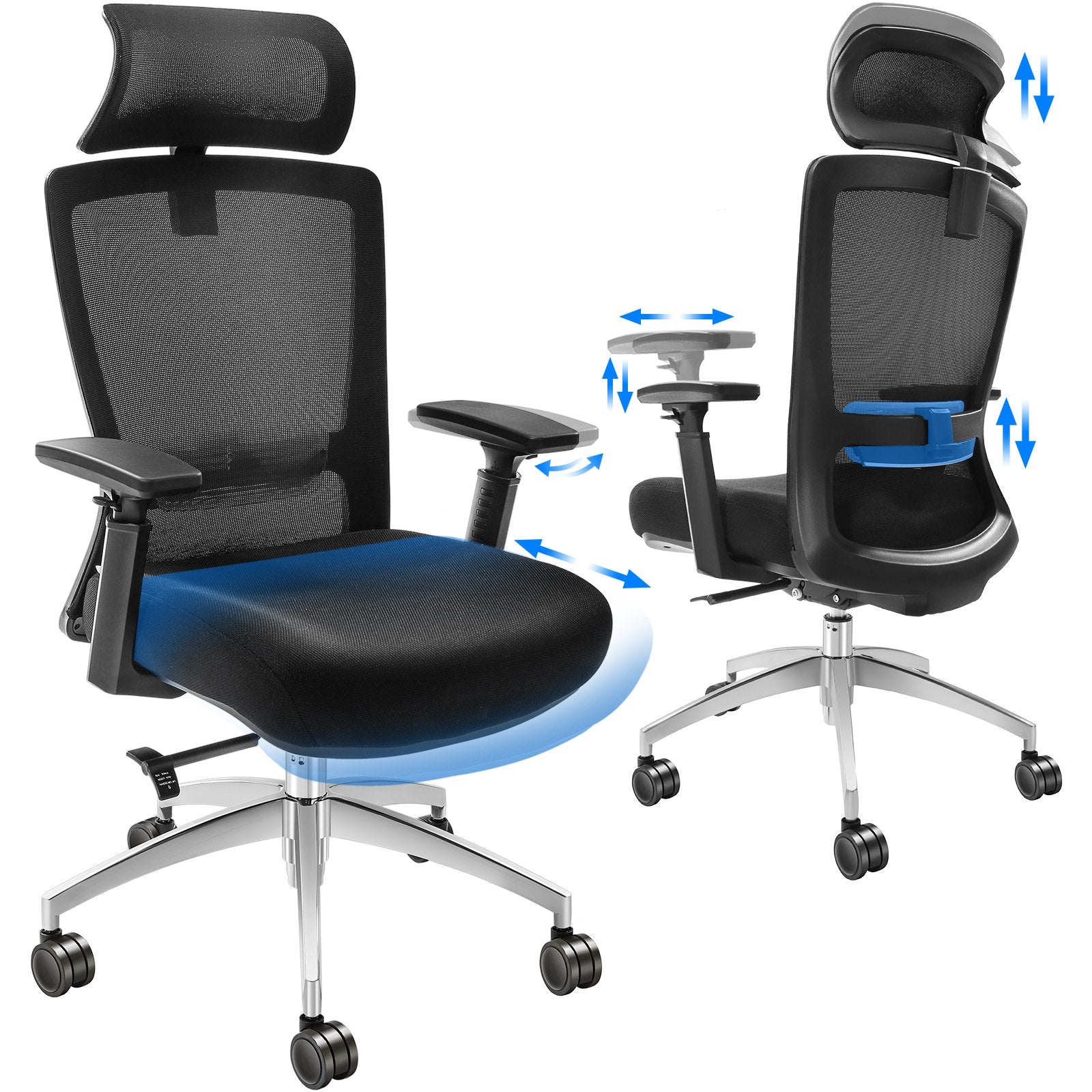 VEVOR Ergonomic Office Chair with Slide Seat, Desk Chair with Mesh Seat, Angle and Height Adjustable Home Office Chair with Back and Lumbar Support, Swivel Computer Task Chair 