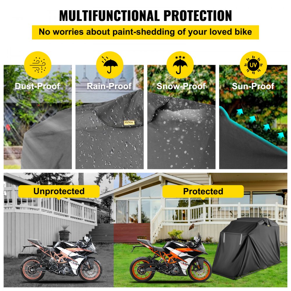 VEVOR Hoods For Vehicles Motorcycle Shelter Shed  Waterproof Motorcycle Cover Outdoor Protection 106.5 Inch X41.5 Inch X61 Inch Motorbike Cover Tent Scooter Shelter 