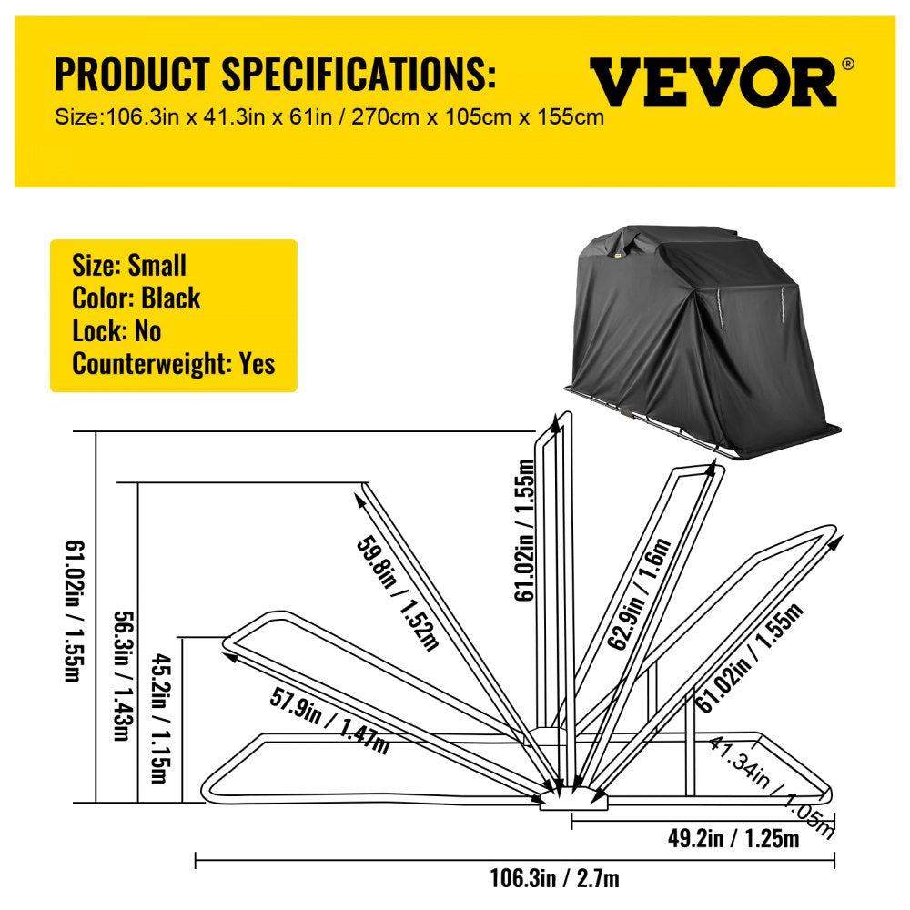 VEVOR Hoods For Vehicles Motorcycle Shelter Shed  Waterproof Motorcycle Cover Outdoor Protection 106.5 Inch X41.5 Inch X61 Inch Motorbike Cover Tent Scooter Shelter 