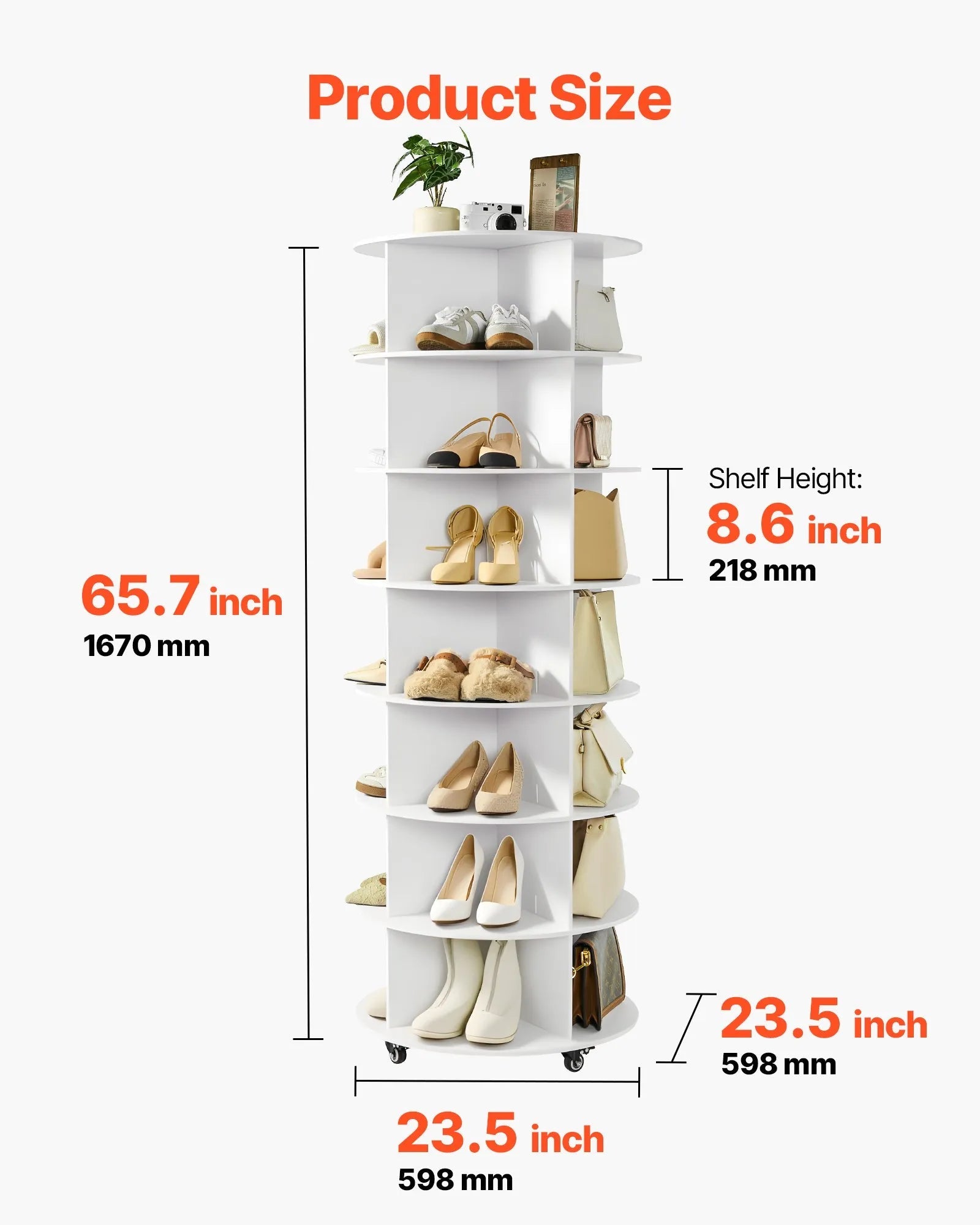 VEVOR 7 Tiers Rotating Shoe Rack Tower with Wheels, Movable 360° Spinning Carousel Display, Lazy Susan Organizer Closet Shelf for Living Room, Entryway, White 
