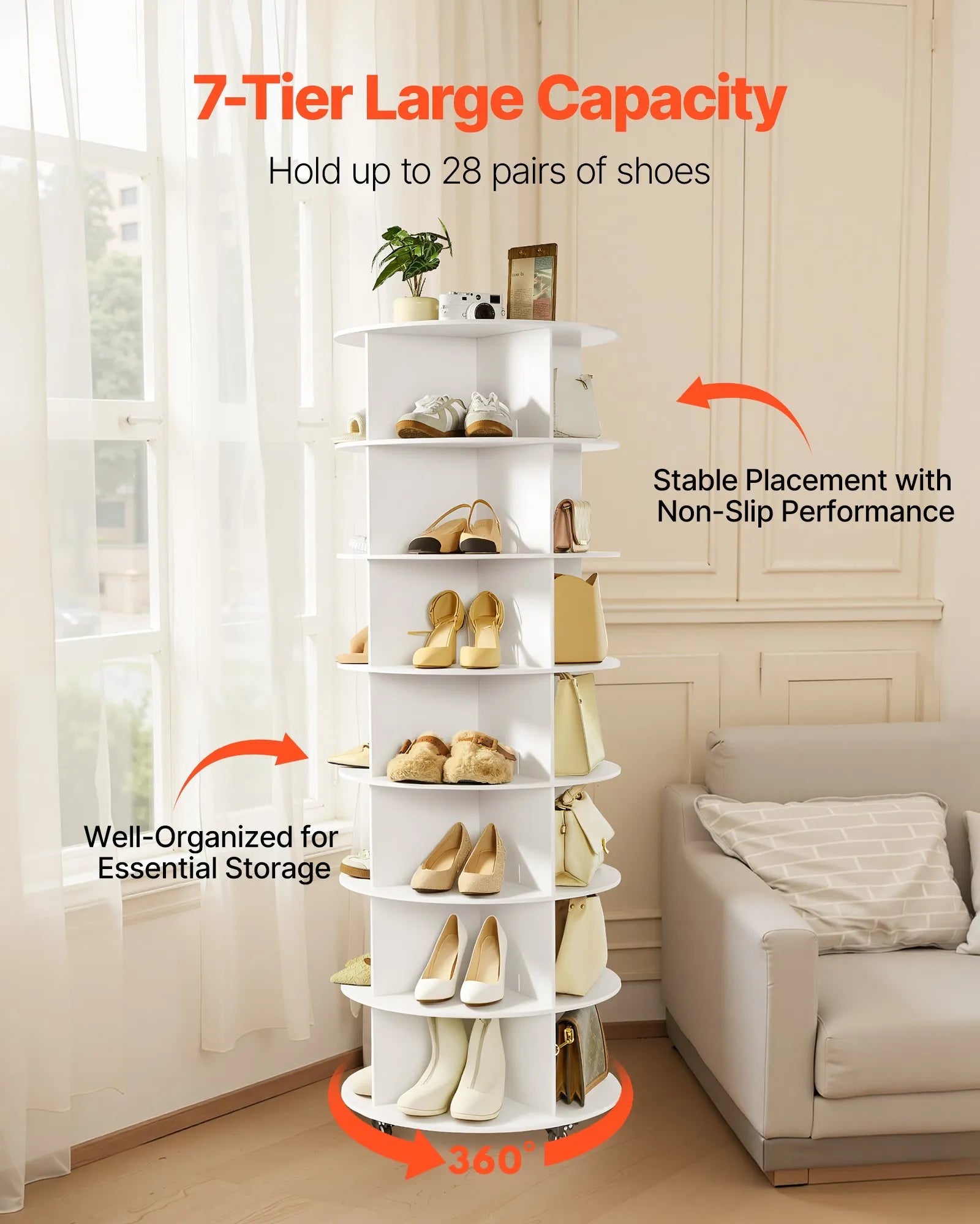 VEVOR 7 Tiers Rotating Shoe Rack Tower with Wheels, Movable 360° Spinning Carousel Display, Lazy Susan Organizer Closet Shelf for Living Room, Entryway, White 