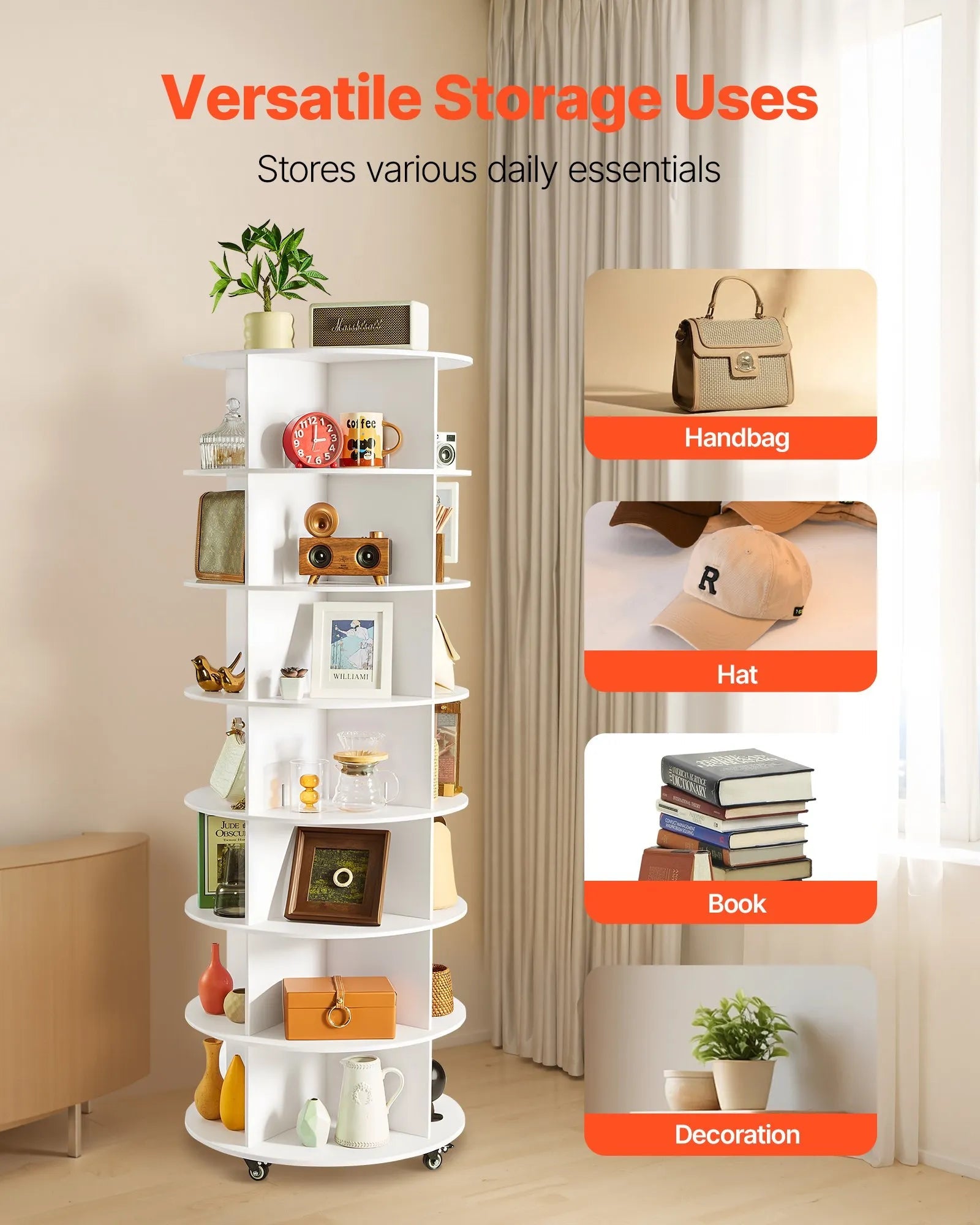 VEVOR 7 Tiers Rotating Shoe Rack Tower with Wheels, Movable 360° Spinning Carousel Display, Lazy Susan Organizer Closet Shelf for Living Room, Entryway, White 