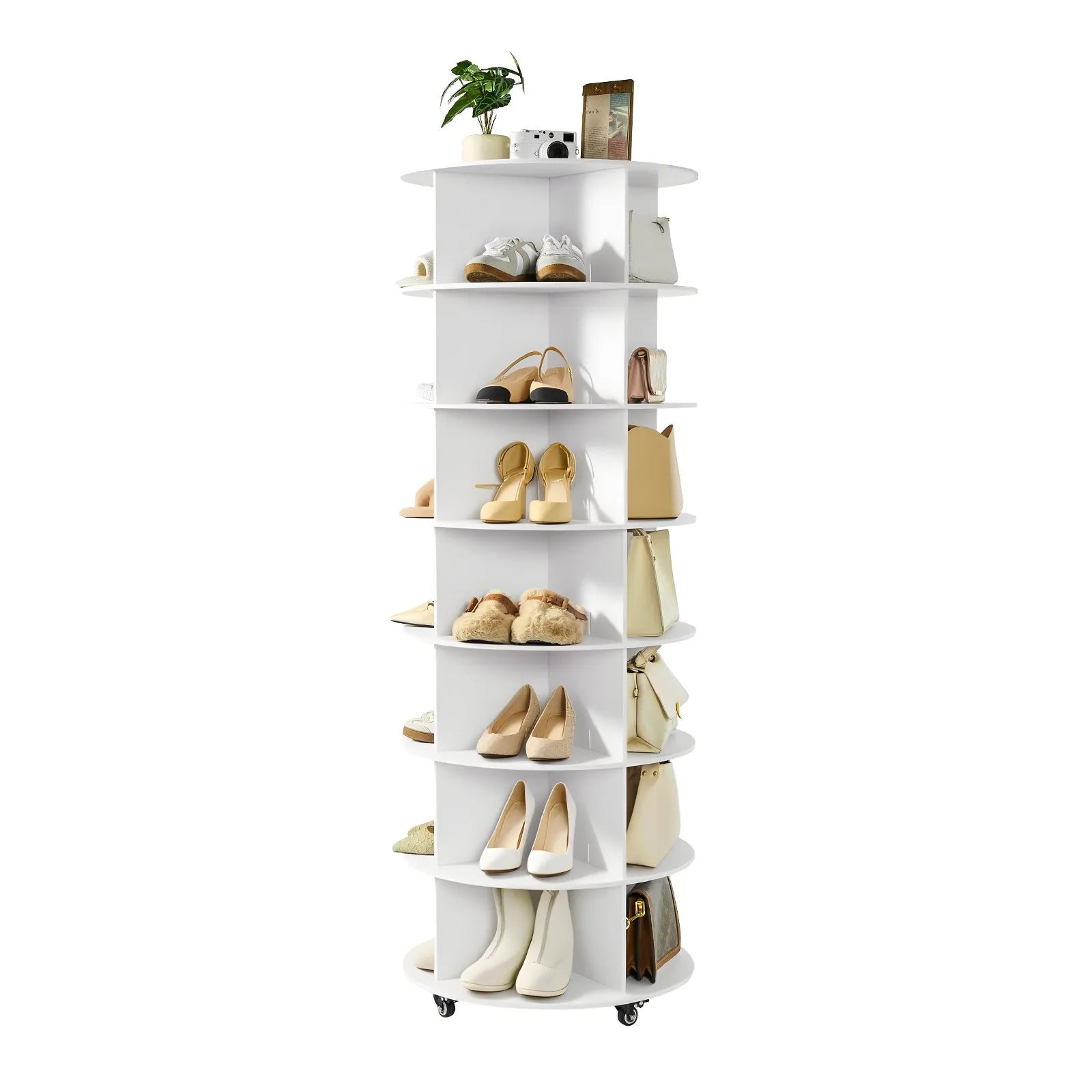 VEVOR 7 Tiers Rotating Shoe Rack Tower with Wheels, Movable 360° Spinning Carousel Display, Lazy Susan Organizer Closet Shelf for Living Room, Entryway, White 
