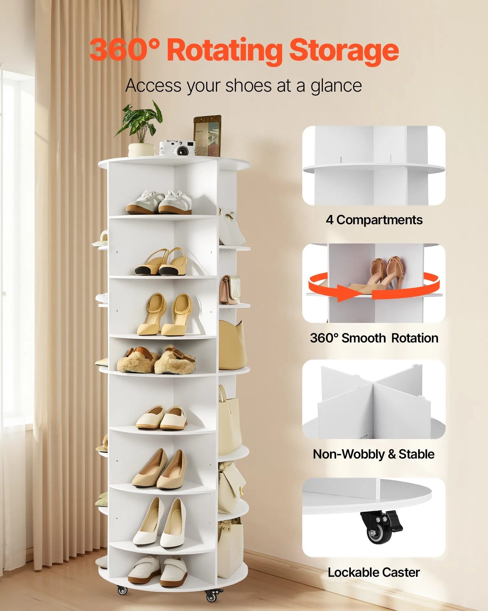 VEVOR 7 Tier Rotating Shoe Rack Tower with Adjustable Shelves, Movable 360° Spinning Carousel Display with Wheels, Lazy Susan Organizer Closet for Bedroom, Living Room, Entryway, Closet, White 