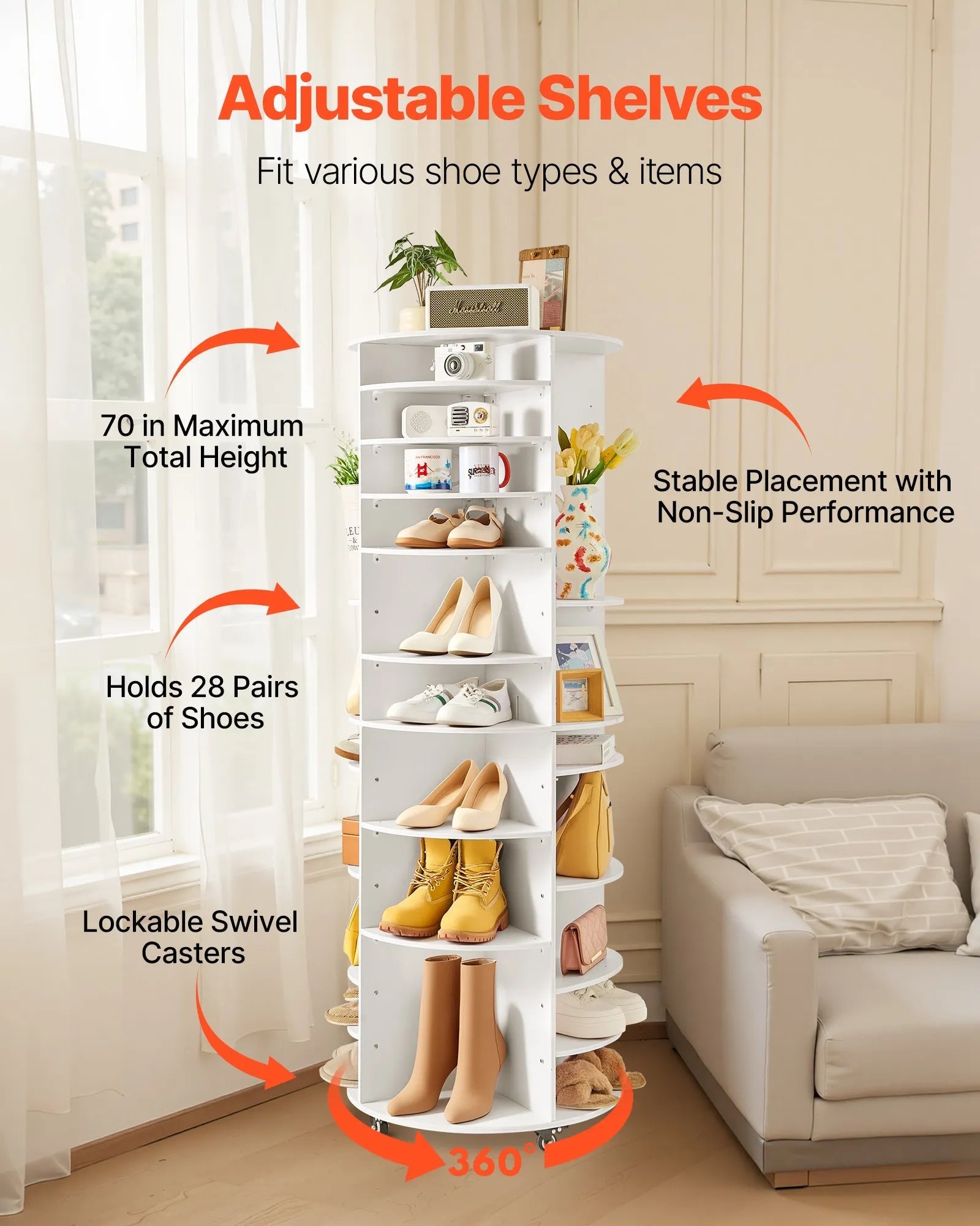 VEVOR 7 Tier Rotating Shoe Rack Tower with Adjustable Shelves, Movable 360° Spinning Carousel Display with Wheels, Lazy Susan Organizer Closet for Bedroom, Living Room, Entryway, Closet, White 