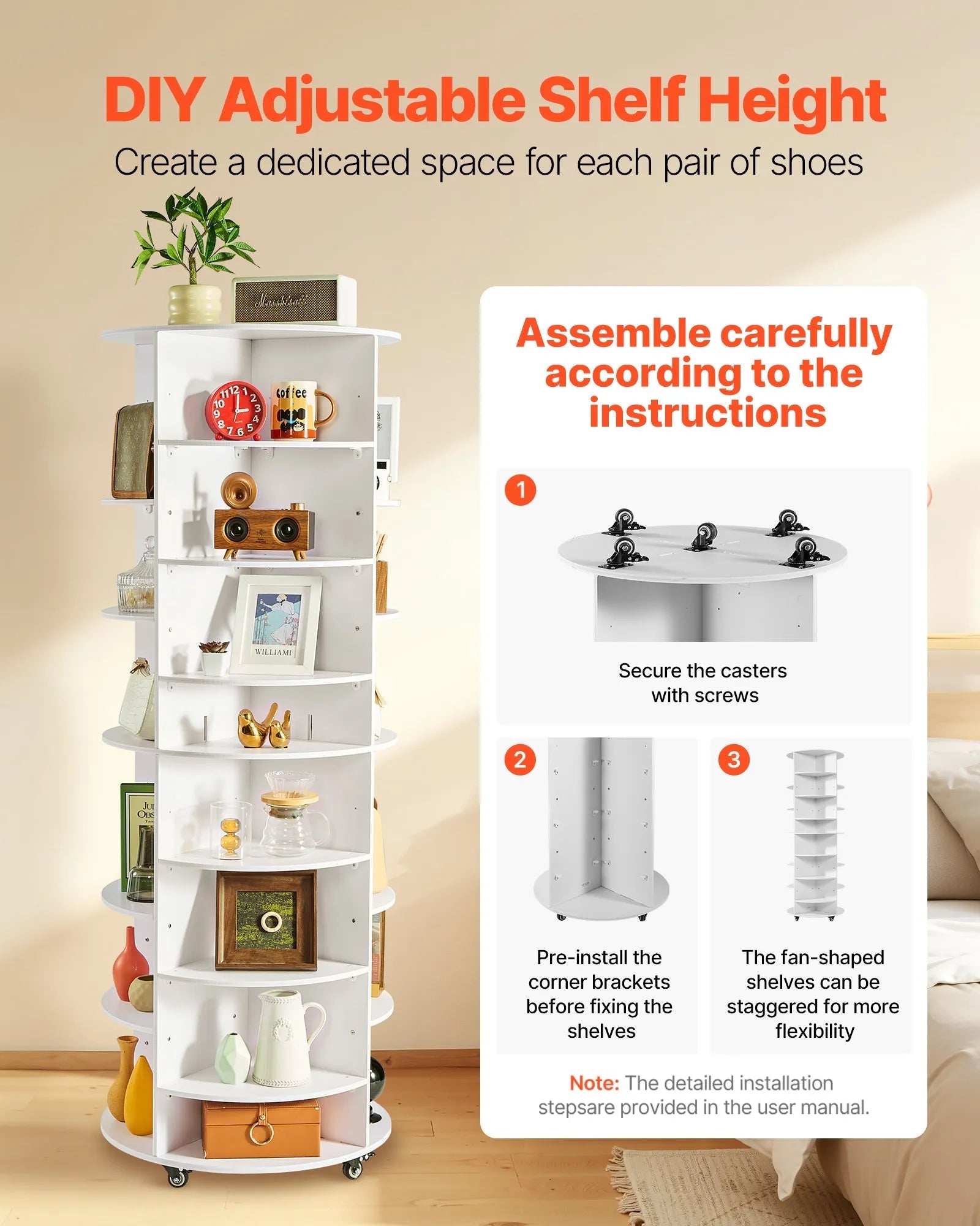 VEVOR 7 Tier Rotating Shoe Rack Tower with Adjustable Shelves, Movable 360° Spinning Carousel Display with Wheels, Lazy Susan Organizer Closet for Bedroom, Living Room, Entryway, Closet, White 