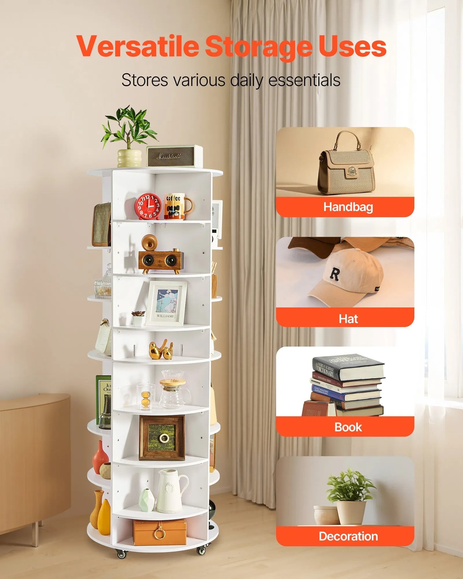 VEVOR 7 Tier Rotating Shoe Rack Tower with Adjustable Shelves, Movable 360° Spinning Carousel Display with Wheels, Lazy Susan Organizer Closet for Bedroom, Living Room, Entryway, Closet, White 