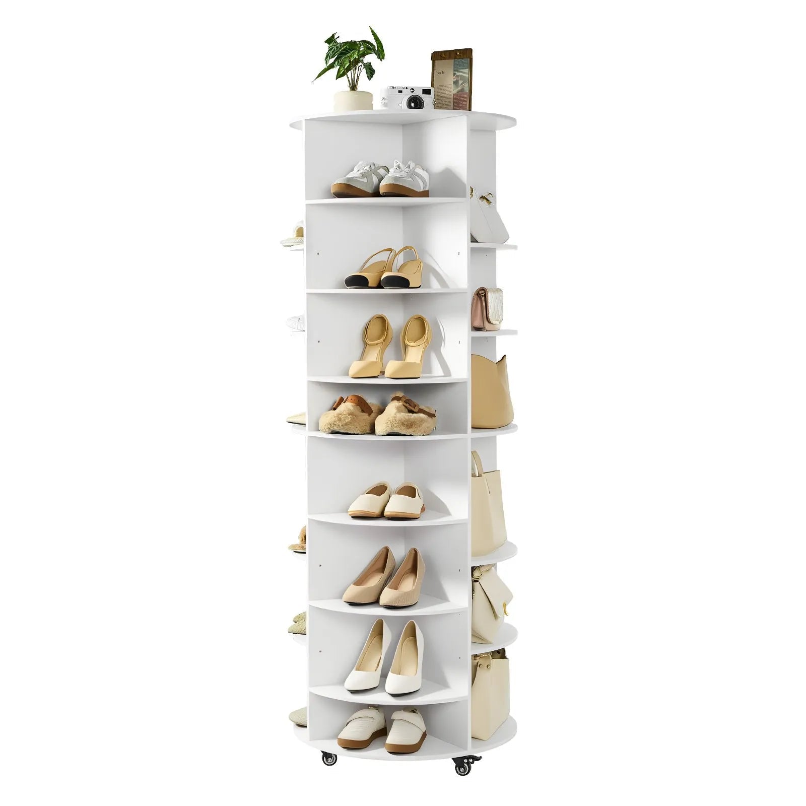 VEVOR 7 Tier Rotating Shoe Rack Tower with Adjustable Shelves, Movable 360° Spinning Carousel Display with Wheels, Lazy Susan Organizer Closet for Bedroom, Living Room, Entryway, Closet, White 