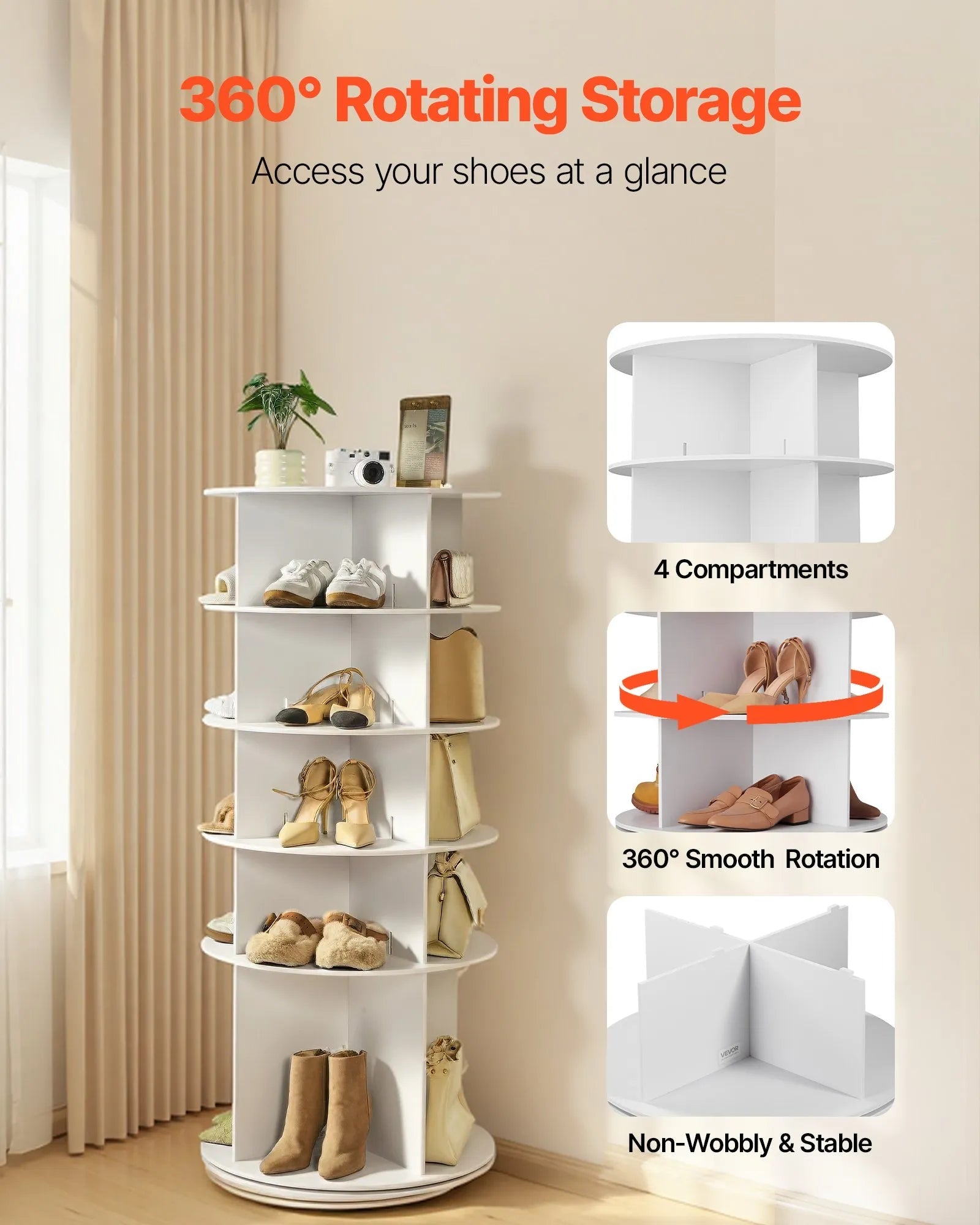VEVOR 5 Tiers Rotating Shoe Rack Tower, 360° Spinning Shoe Rack, Revolving Storage Round Carousel Display, Freestanding Lazy Susan Organizer Display for Bedroom, Living Room, Entryway, Closet, White 