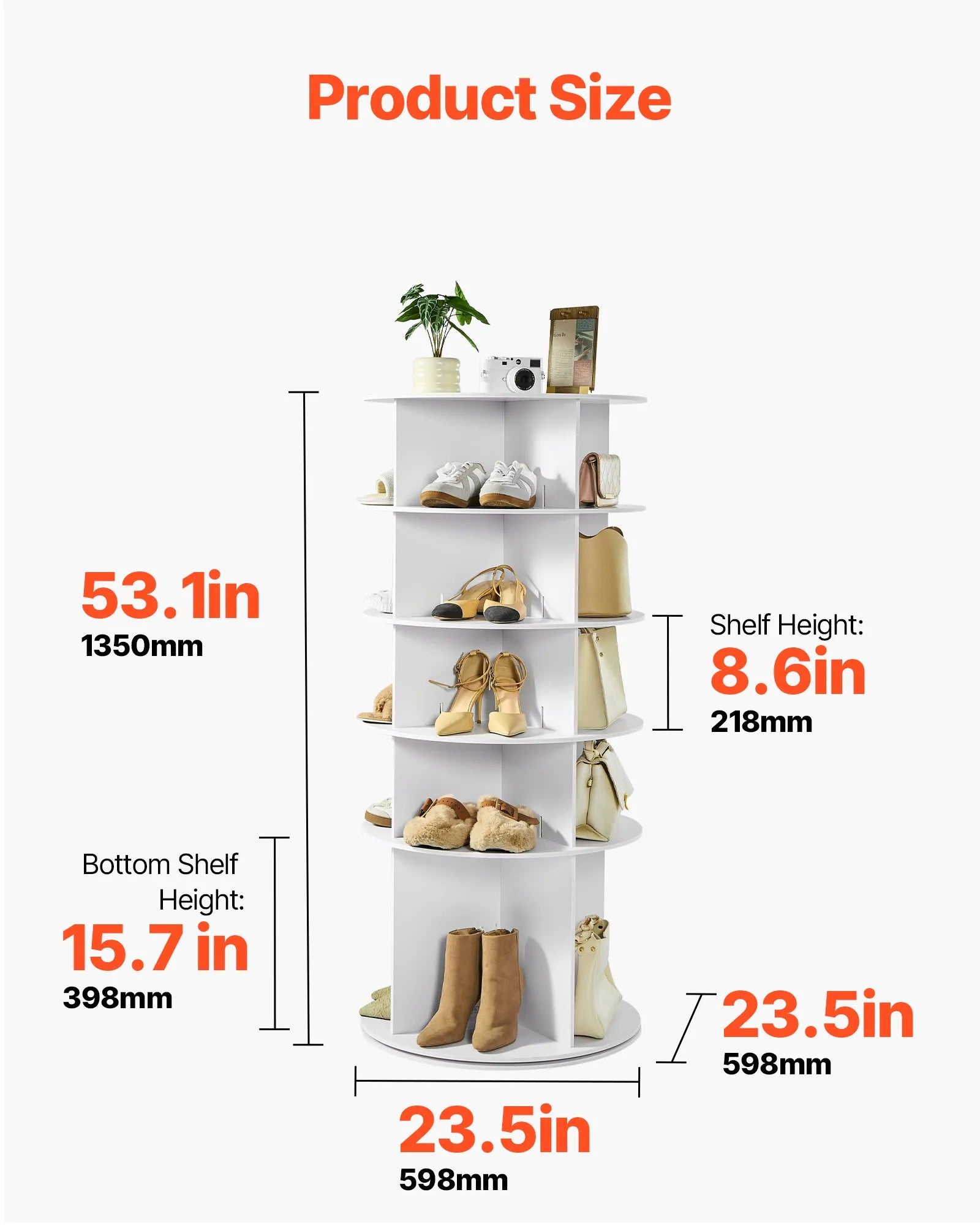 VEVOR 5 Tiers Rotating Shoe Rack Tower, 360° Spinning Shoe Rack, Revolving Storage Round Carousel Display, Freestanding Lazy Susan Organizer Display for Bedroom, Living Room, Entryway, Closet, White 