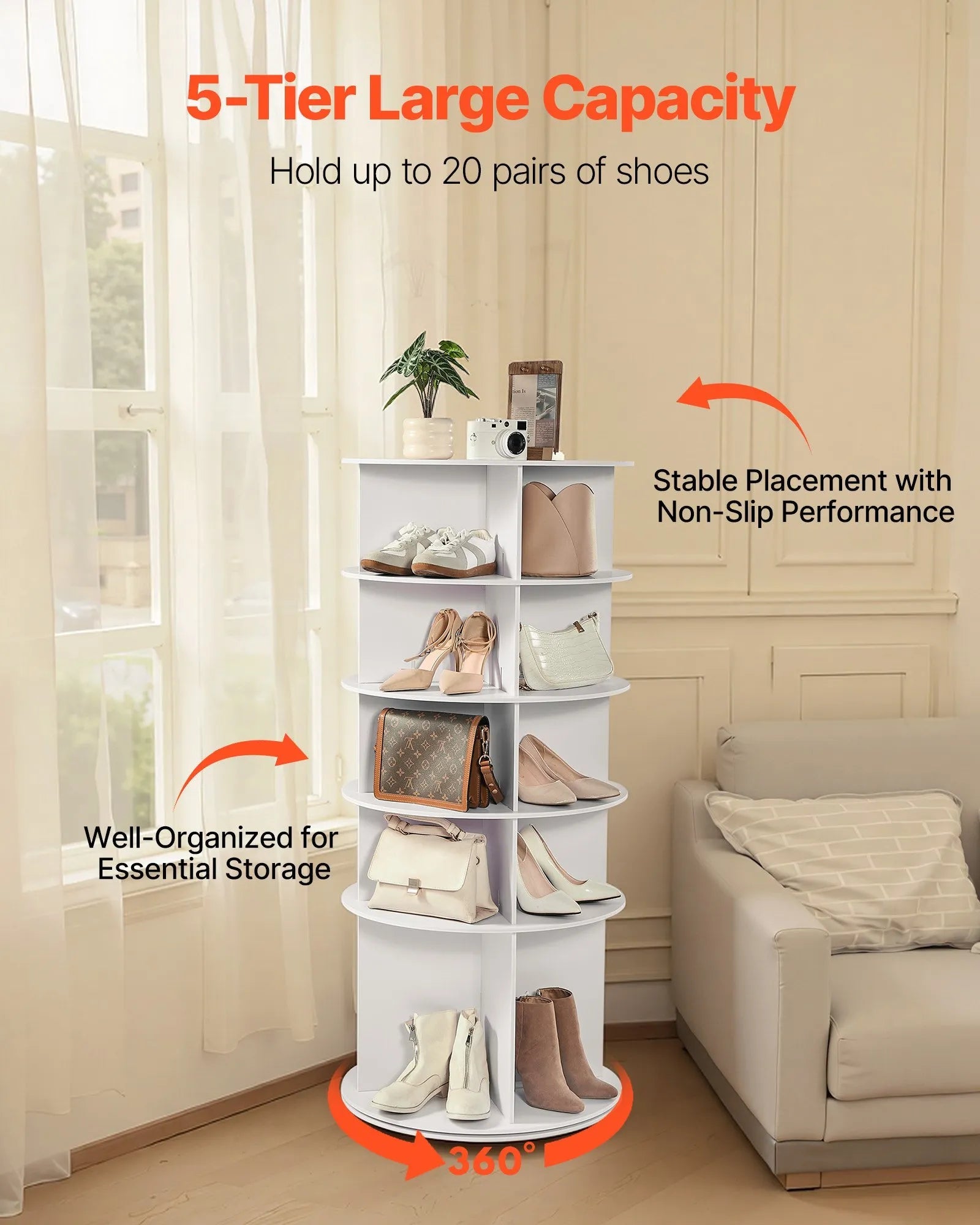 VEVOR 5 Tiers Rotating Shoe Rack Tower, 360° Spinning Shoe Rack, Revolving Storage Round Carousel Display, Freestanding Lazy Susan Organizer Display for Bedroom, Living Room, Entryway, Closet, White 