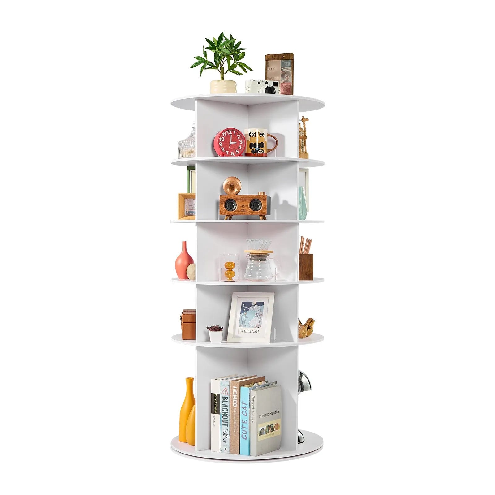 VEVOR 5 Tiers Rotating Shoe Rack Tower, 360° Spinning Shoe Rack, Revolving Storage Round Carousel Display, Freestanding Lazy Susan Organizer Display for Bedroom, Living Room, Entryway, Closet, White 