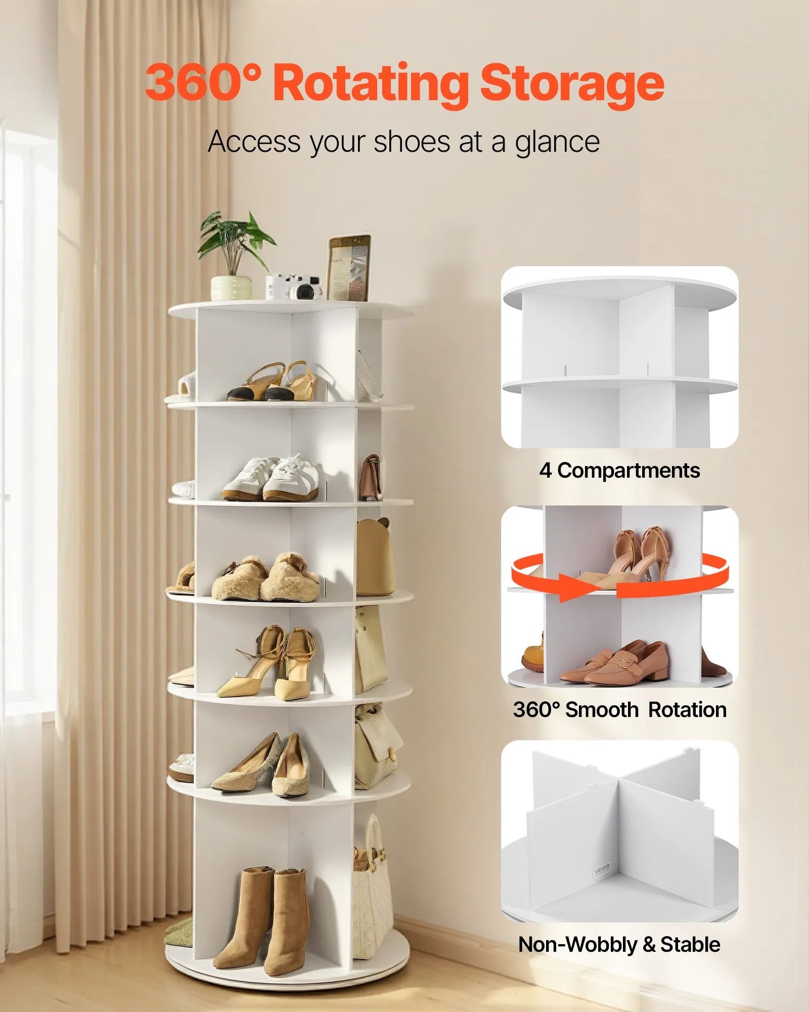 VEVOR 6 Tiers Rotating Shoe Rack Tower, 360° Spinning Shoe Rack, Revolving Storage Round Carousel Display, Freestanding Lazy Susan Organizer Display for Bedroom, Living Room, Entryway, Closet, White 
