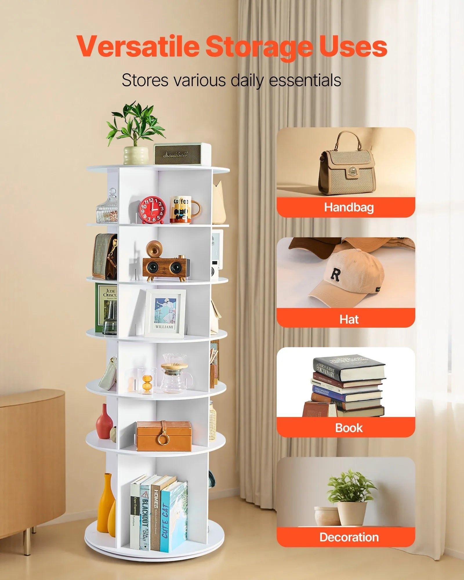 VEVOR 6 Tiers Rotating Shoe Rack Tower, 360° Spinning Shoe Rack, Revolving Storage Round Carousel Display, Freestanding Lazy Susan Organizer Display for Bedroom, Living Room, Entryway, Closet, White 