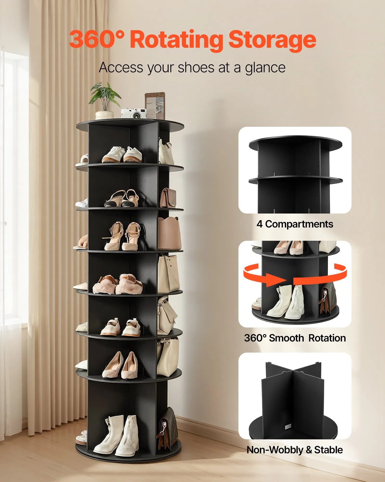 VEVOR 7 Tiers Rotating Shoe Rack Tower, 360° Spinning Shoe Rack, Revolving Storage Round Carousel Display, Freestanding Lazy Susan Organizer Display for Bedroom, Living Room, Entryway, Closet, Black 