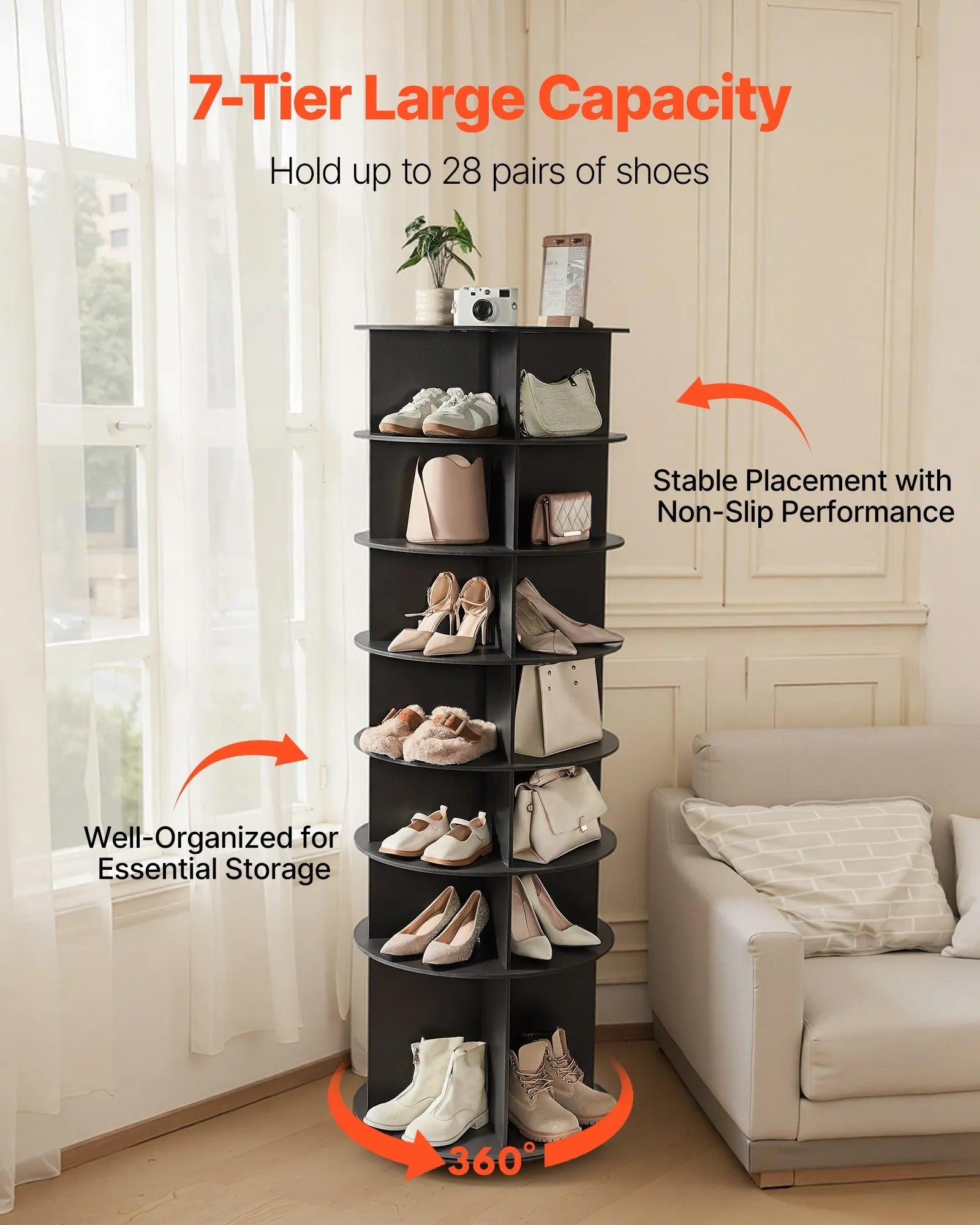 VEVOR 7 Tiers Rotating Shoe Rack Tower, 360° Spinning Shoe Rack, Revolving Storage Round Carousel Display, Freestanding Lazy Susan Organizer Display for Bedroom, Living Room, Entryway, Closet, Black 