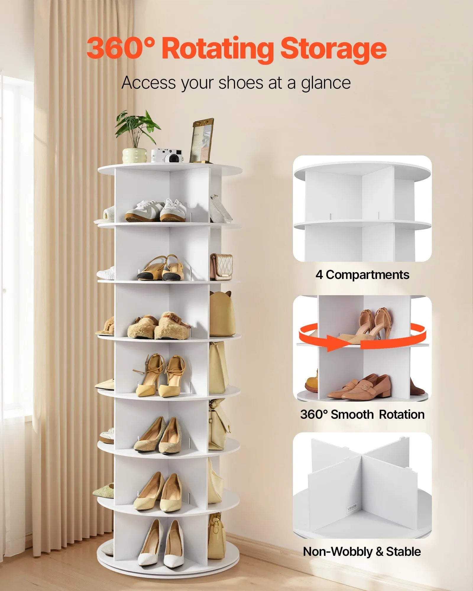 VEVOR 7 Tiers Rotating Shoe Rack Tower, 360° Spinning Shoe Rack, Revolving Storage Round Carousel Display, Freestanding Lazy Susan Organizer Display for Bedroom, Living Room, Entryway, Closet, White 
