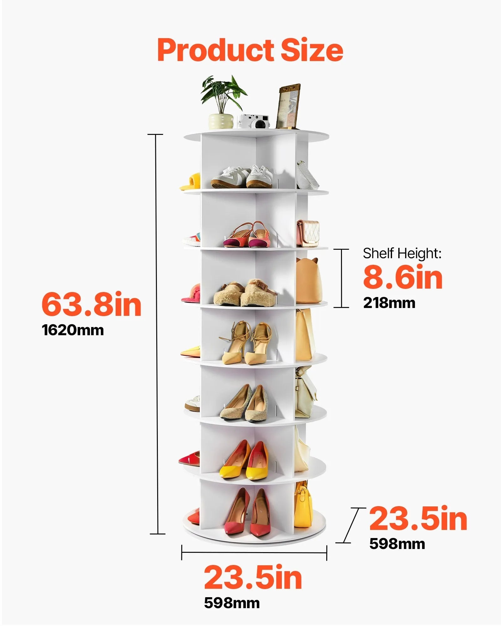 VEVOR 7 Tiers Rotating Shoe Rack Tower, 360° Spinning Shoe Rack, Revolving Storage Round Carousel Display, Freestanding Lazy Susan Organizer Display for Bedroom, Living Room, Entryway, Closet, White 
