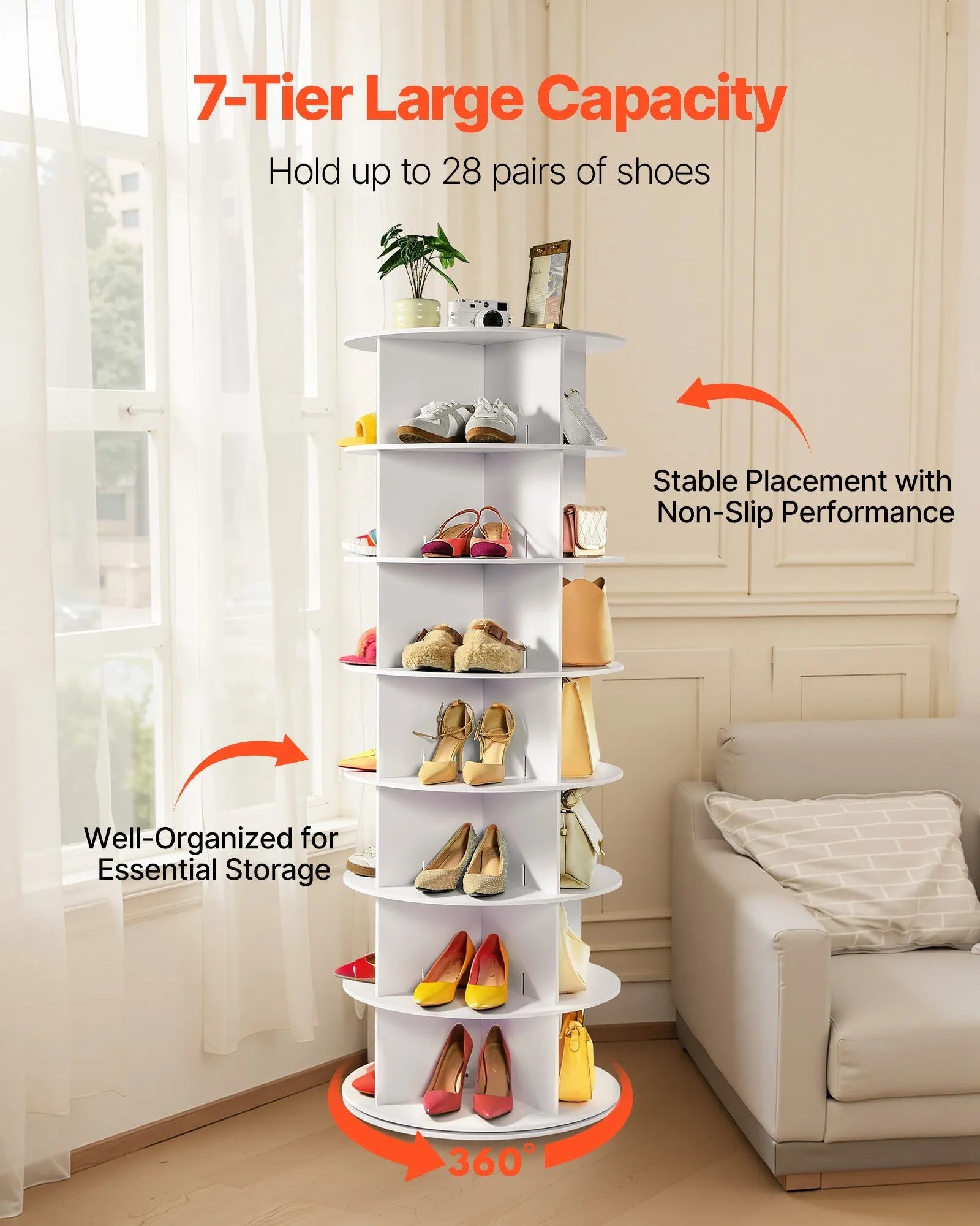 VEVOR 7 Tiers Rotating Shoe Rack Tower, 360° Spinning Shoe Rack, Revolving Storage Round Carousel Display, Freestanding Lazy Susan Organizer Display for Bedroom, Living Room, Entryway, Closet, White 