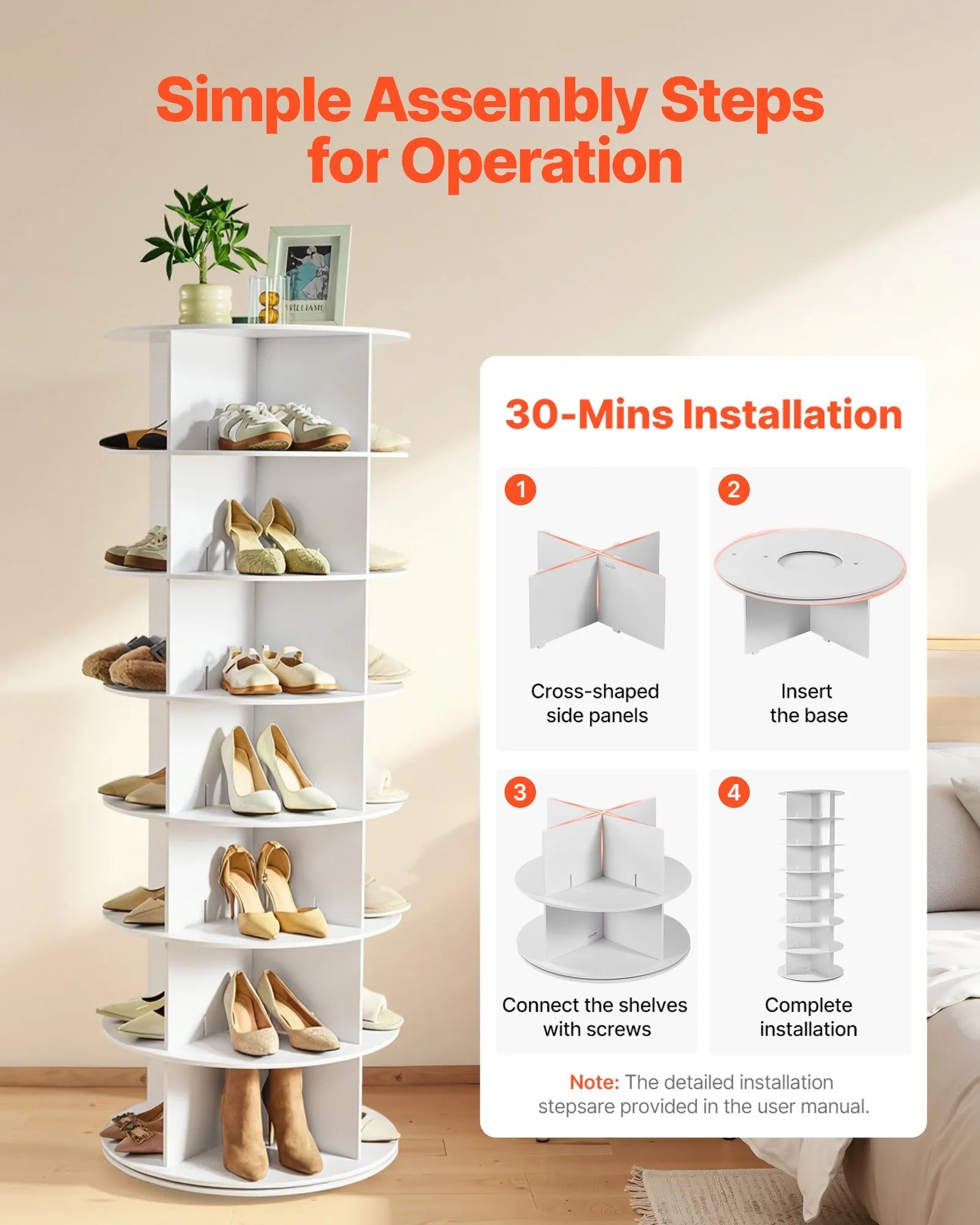 VEVOR 7 Tiers Rotating Shoe Rack Tower, 360° Spinning Shoe Rack, Revolving Storage Round Carousel Display, Freestanding Lazy Susan Organizer Display for Bedroom, Living Room, Entryway, Closet, White 