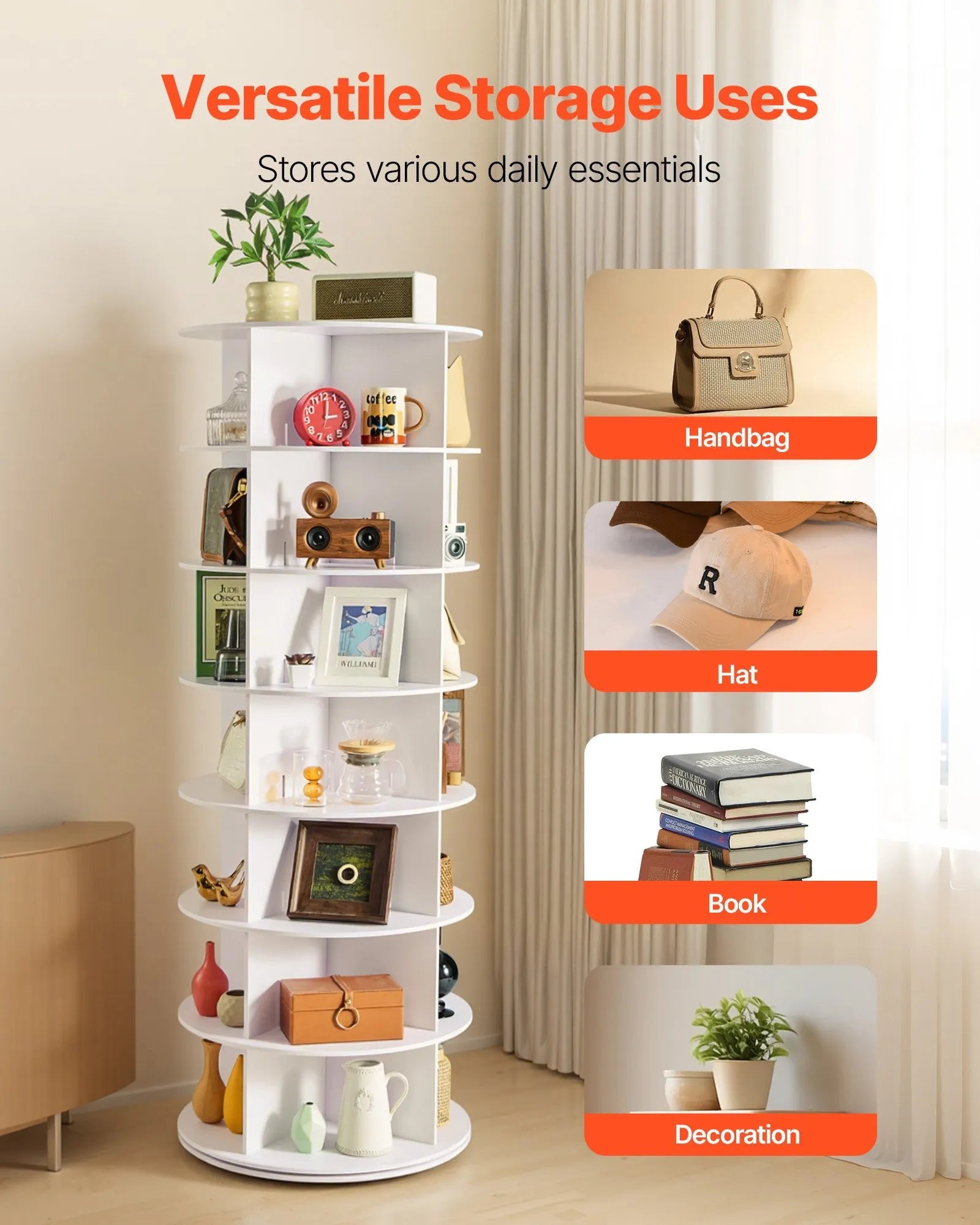 VEVOR 7 Tiers Rotating Shoe Rack Tower, 360° Spinning Shoe Rack, Revolving Storage Round Carousel Display, Freestanding Lazy Susan Organizer Display for Bedroom, Living Room, Entryway, Closet, White 