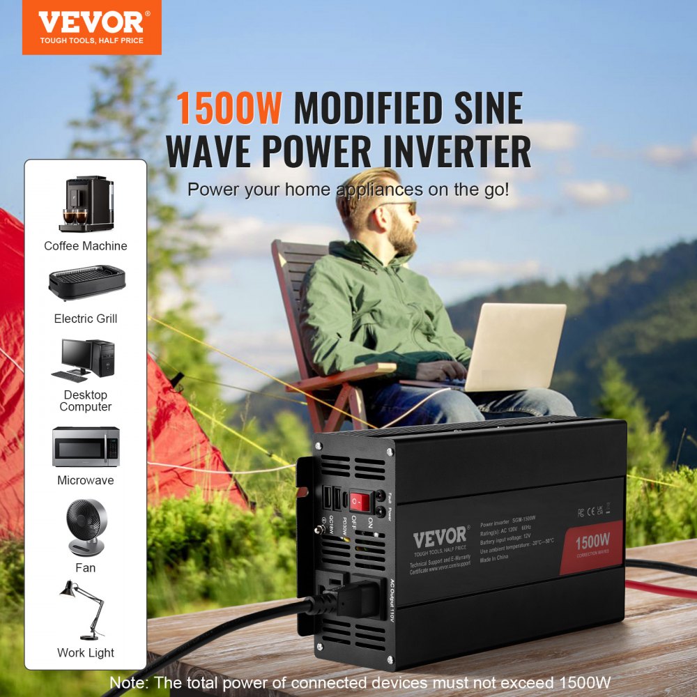 VEVOR Modified Sine Wave Inverter, 1500W, DC 12V to AC 120V Power Inverter with 2 AC Outlets 2 USB Port 1 Type-C Port 6 Spare Fuses, for Small Home Devices like Smartphone Laptop, CE FCC Certified 