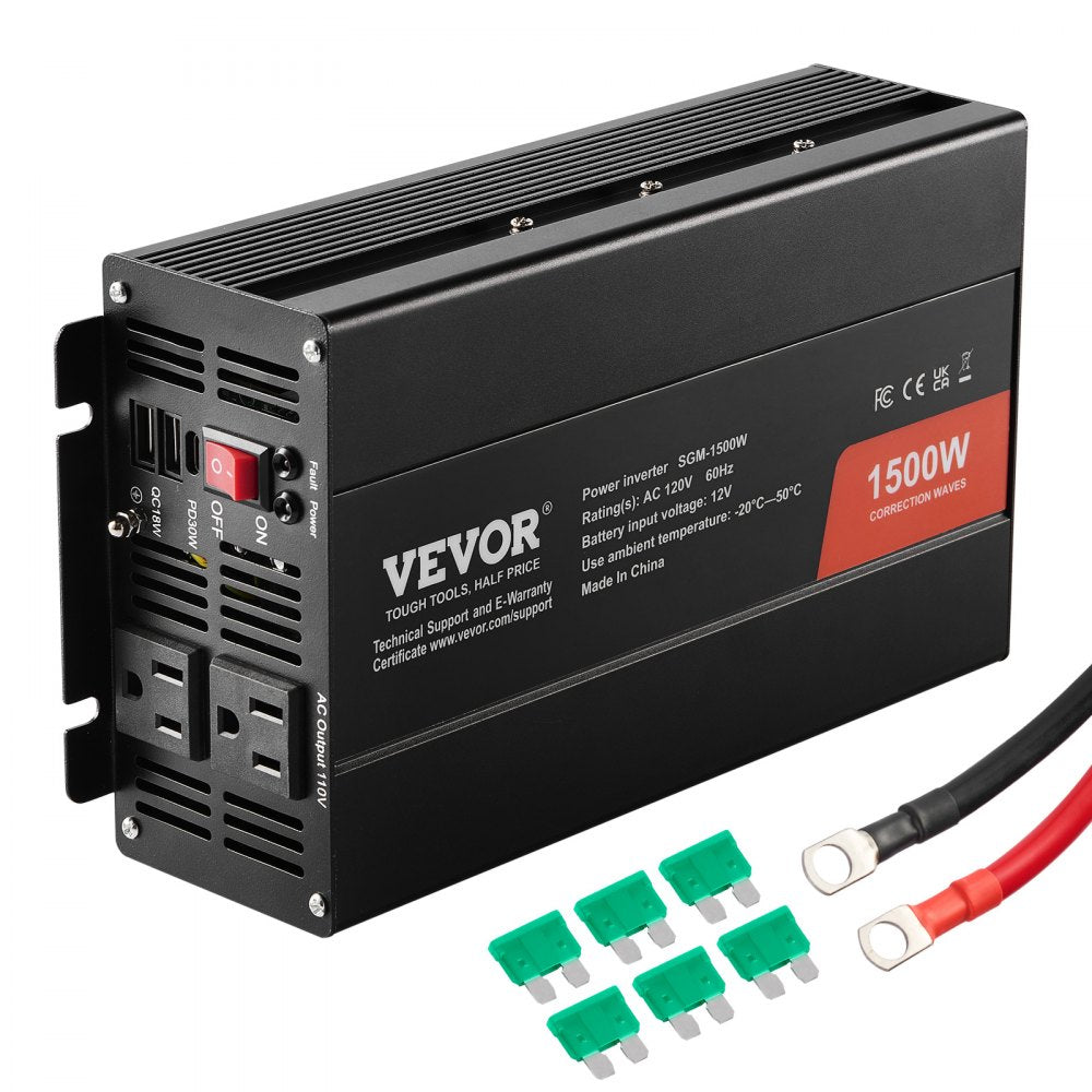 VEVOR Modified Sine Wave Inverter, 1500W, DC 12V to AC 120V Power Inverter with 2 AC Outlets 2 USB Port 1 Type-C Port 6 Spare Fuses, for Small Home Devices like Smartphone Laptop, CE FCC Certified 