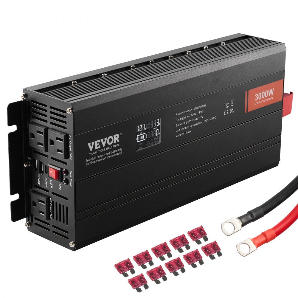 VEVOR Modified Sine Wave Inverter, 3000Watt, DC 12V to AC 120V LCD Display Power Inverter with 3 AC Outlets 2 USB Port 1 Type-C Port 10 Spare Fuses, for Large Household Equipment, CE FCC Certified 