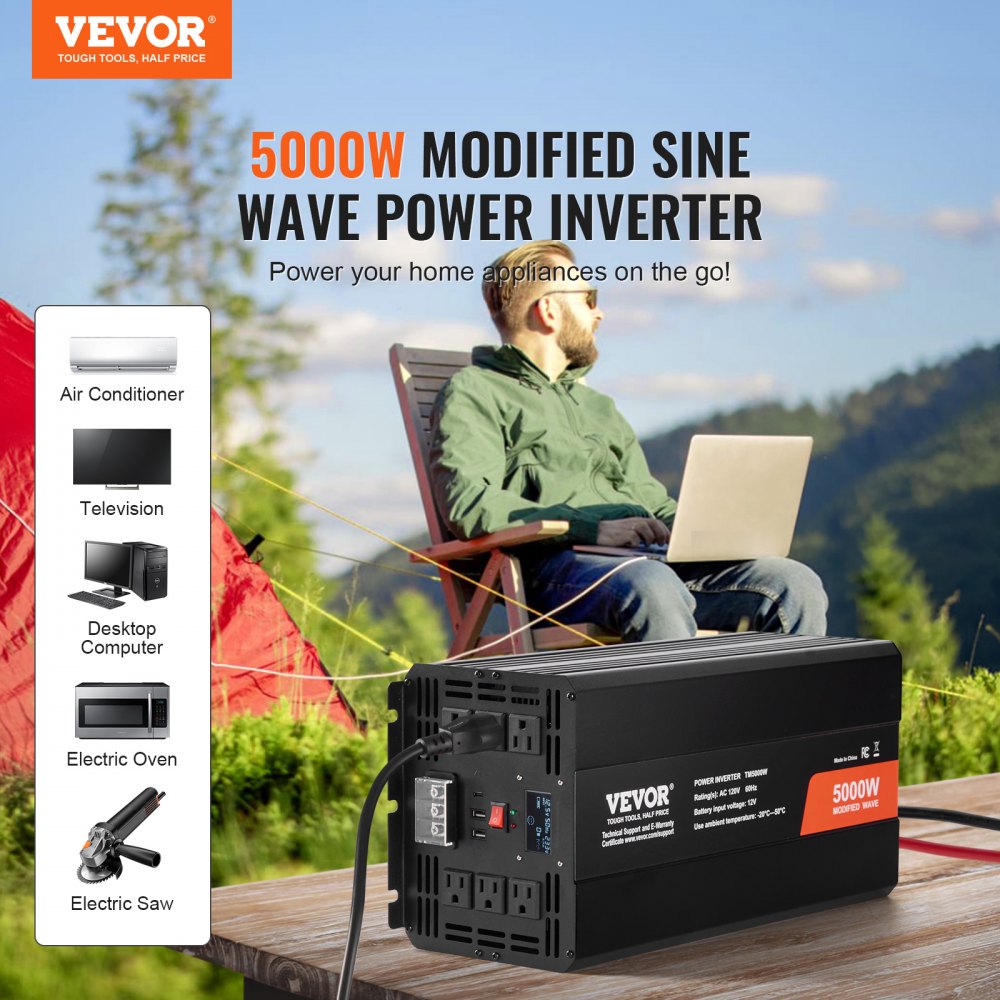 VEVOR Modified Sine Wave Inverter, 5000W, DC 12V to AC 120V Power Inverter with 6 AC Outlets 2 USB Port 1 Type-C Port, LCD Display and Remote Controller for High Load Home Appliances, CE FCC Certified 