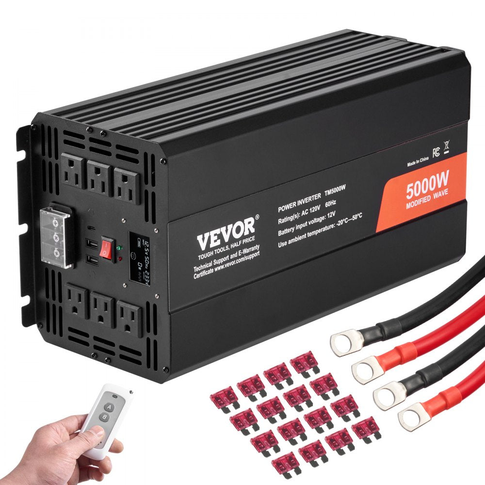 VEVOR Modified Sine Wave Inverter, 5000W, DC 12V to AC 120V Power Inverter with 6 AC Outlets 2 USB Port 1 Type-C Port, LCD Display and Remote Controller for High Load Home Appliances, CE FCC Certified 