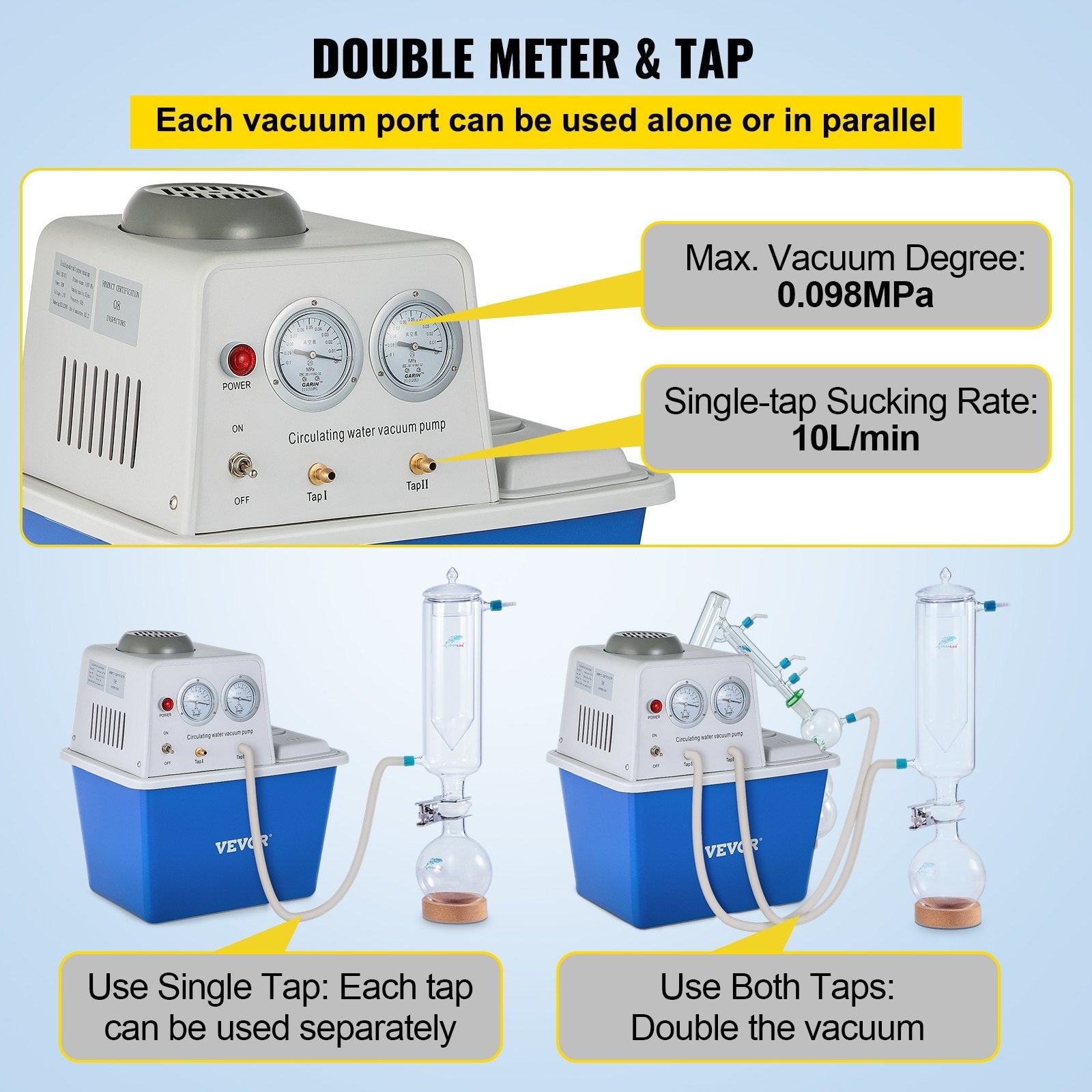 VEVOR Lab Multi-Purpose Water Circulating Vacuum Pump,15L, with 2 Off-Gas Taps,Stainless Vacuum Pump 180W 110V,Anti-Corrosion Pump Lab Chemistry Equipment 