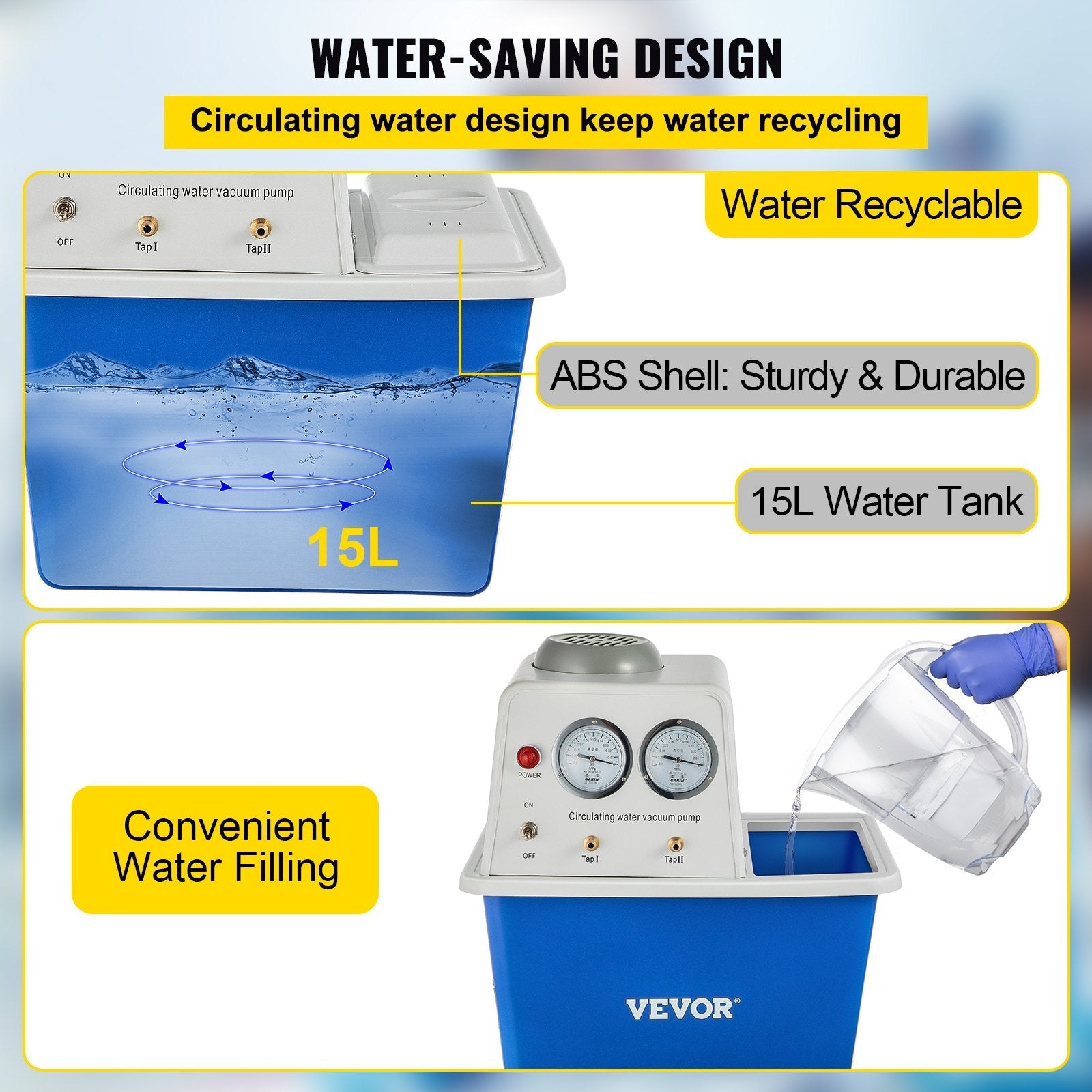 VEVOR Lab Multi-Purpose Water Circulating Vacuum Pump,15L, with 2 Off-Gas Taps,Stainless Vacuum Pump 180W 110V,Anti-Corrosion Pump Lab Chemistry Equipment 