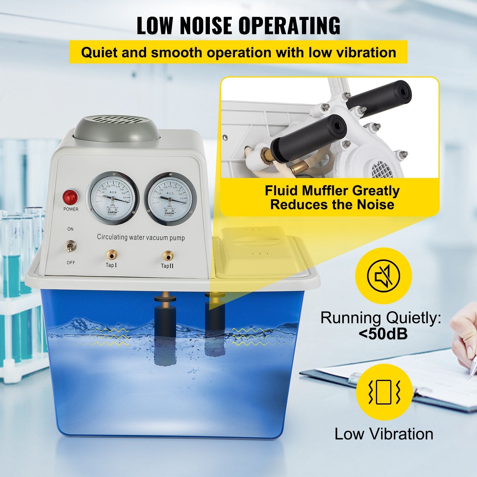 VEVOR Lab Multi-Purpose Water Circulating Vacuum Pump,15L, with 2 Off-Gas Taps,Stainless Vacuum Pump 180W 110V,Anti-Corrosion Pump Lab Chemistry Equipment 