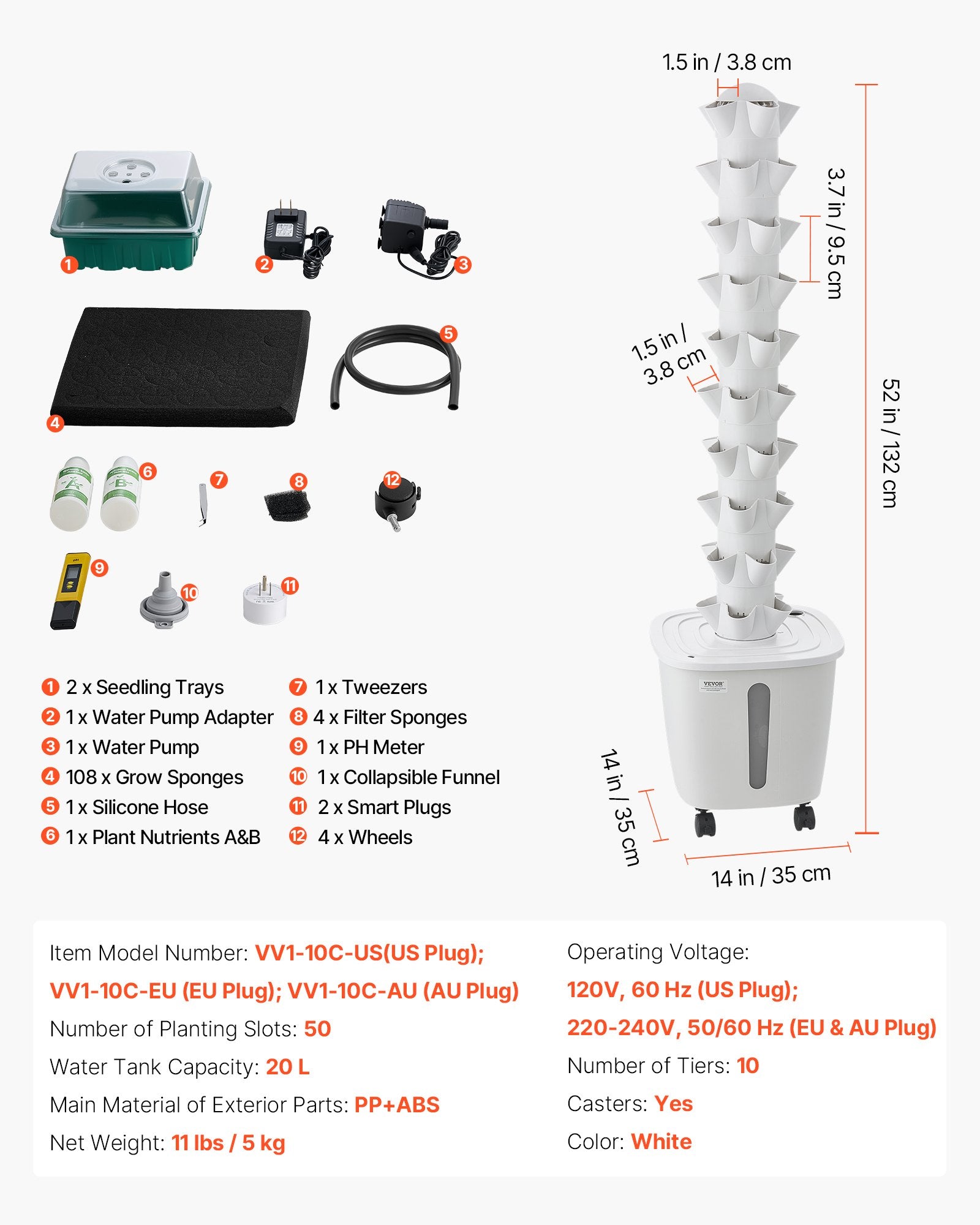 50-Pod Hydroponic Tower Garden with App Control, 10 Tiers & 20L Water Tank