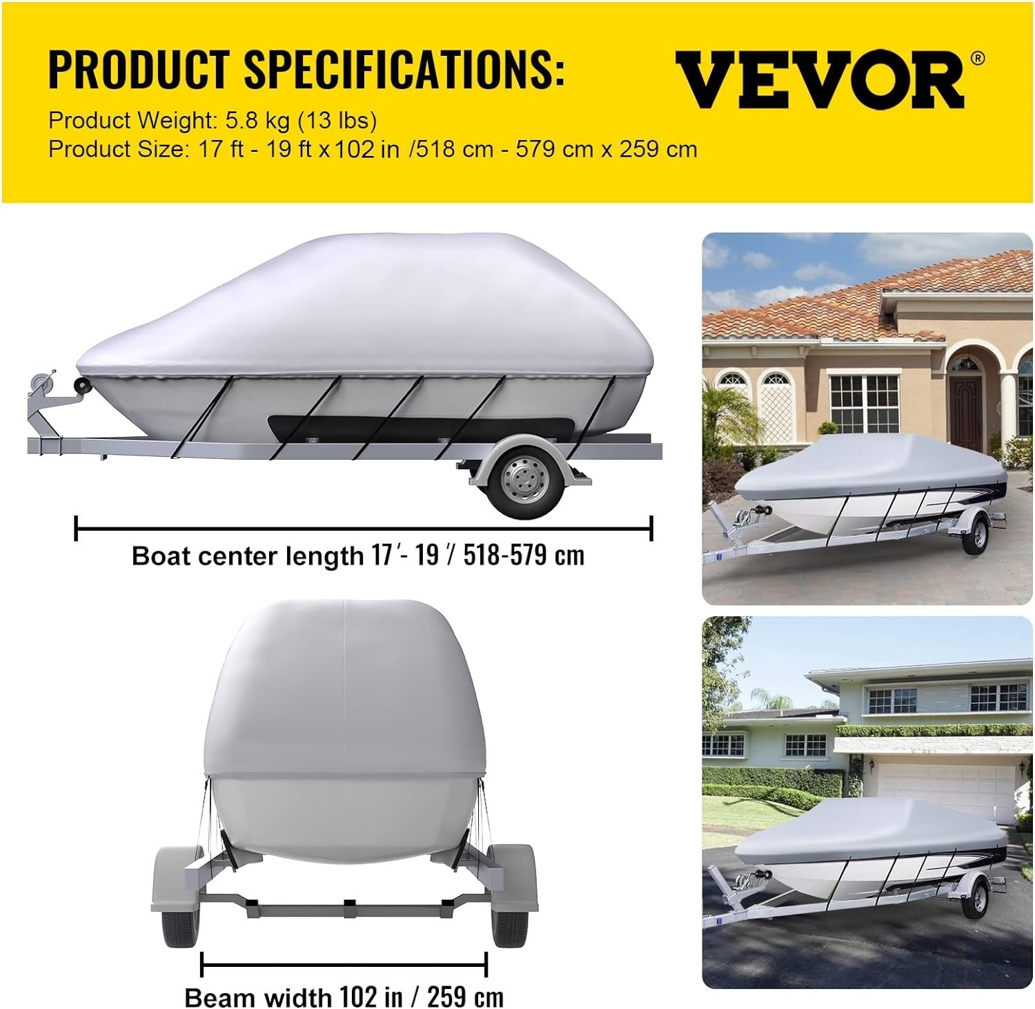 VEVOR Waterproof Boat Cover, 17'-19' Trailerable Boat Cover, Beam Width up to 102" v Hull Cover Heavy Duty 210D Marine Grade Polyester Mooring Cover for Fits V-Hull Boat with 5 Tightening Straps 