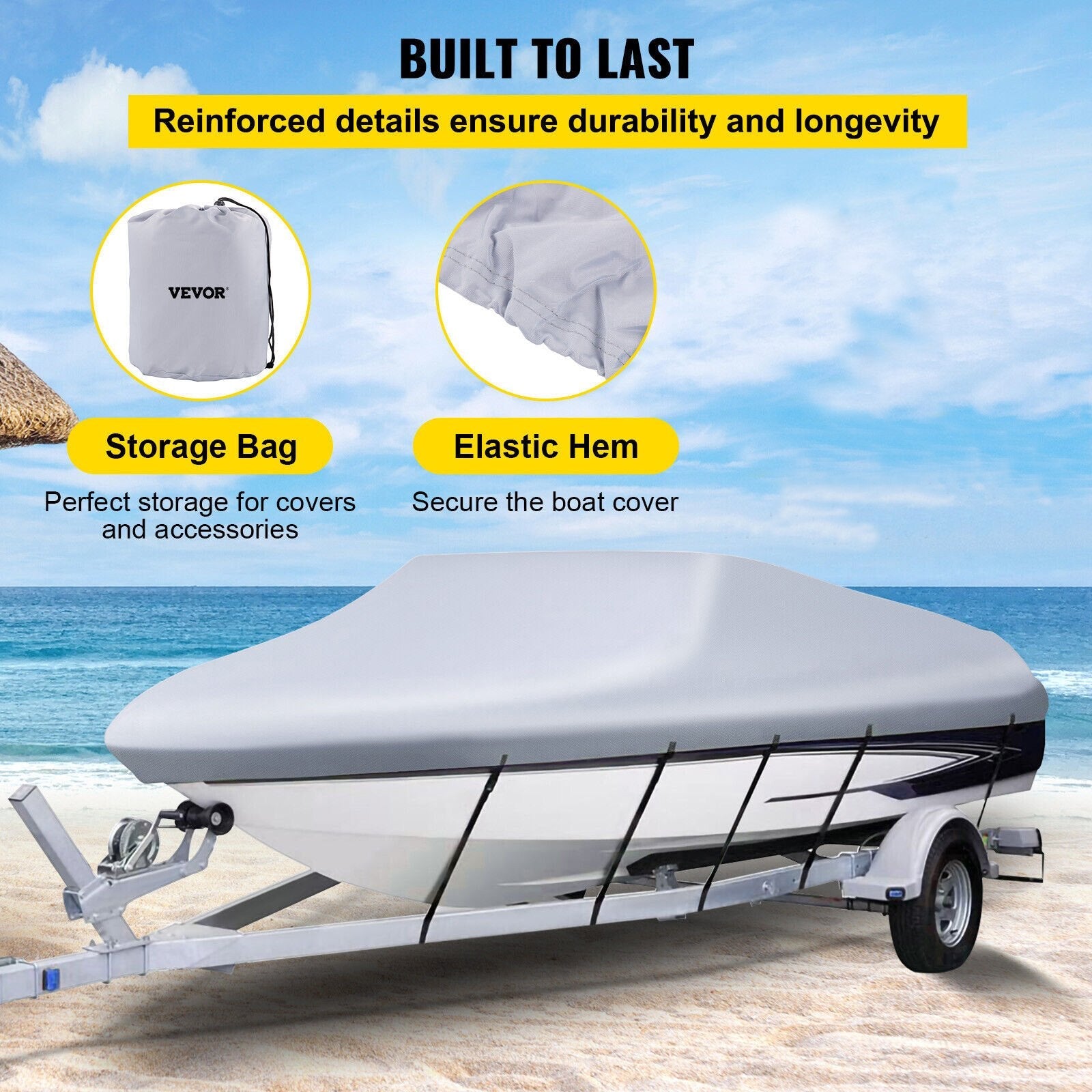 VEVOR Waterproof Boat Cover, 20'-22' Trailerable Boat Cover, Beam Width up to 106" v Hull Cover Heavy Duty 210D Marine Grade Polyester Mooring Cover for Fits V-Hull Boat with 5 Tightening Straps 