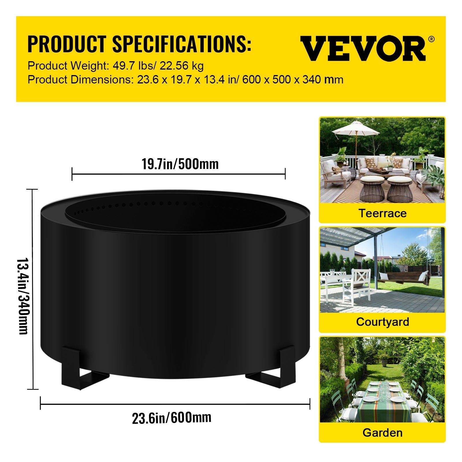 VEVOR Stove Bonfire, Carbon Steel Smokeless Fire Pit, 23.6-inch Diameter Stove Bonfire Fire Pit, Double Wall Design Smokeless Fire Bowl, Portable Wood Burning Fire Pit for Outdoor Picnic Camping Black 